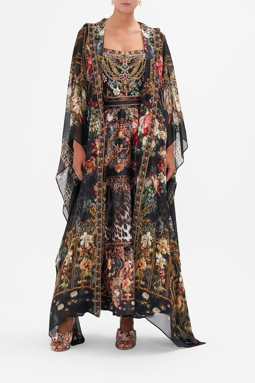 Front view of model wearing CAMILLA silk robe in A Night At The Opera print