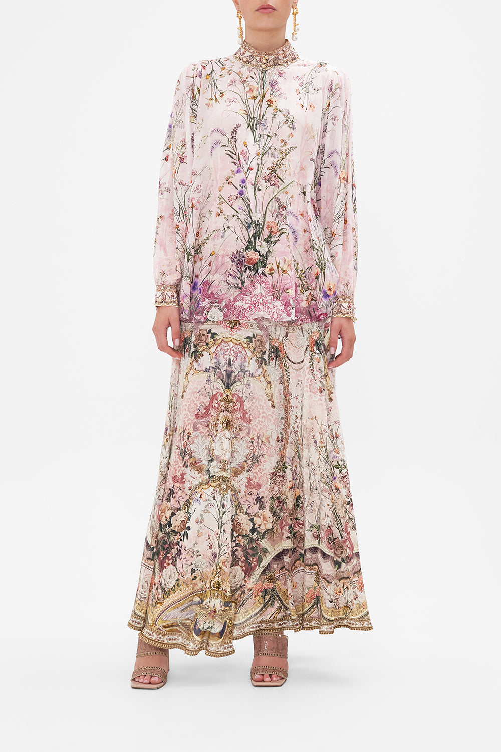 Front view of model wearing CAMILLA floral slik blouse in Kissed By The Prince print