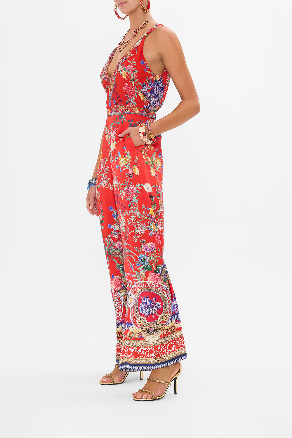 CAMILLA red floral print silk pants in The Summer Palace print