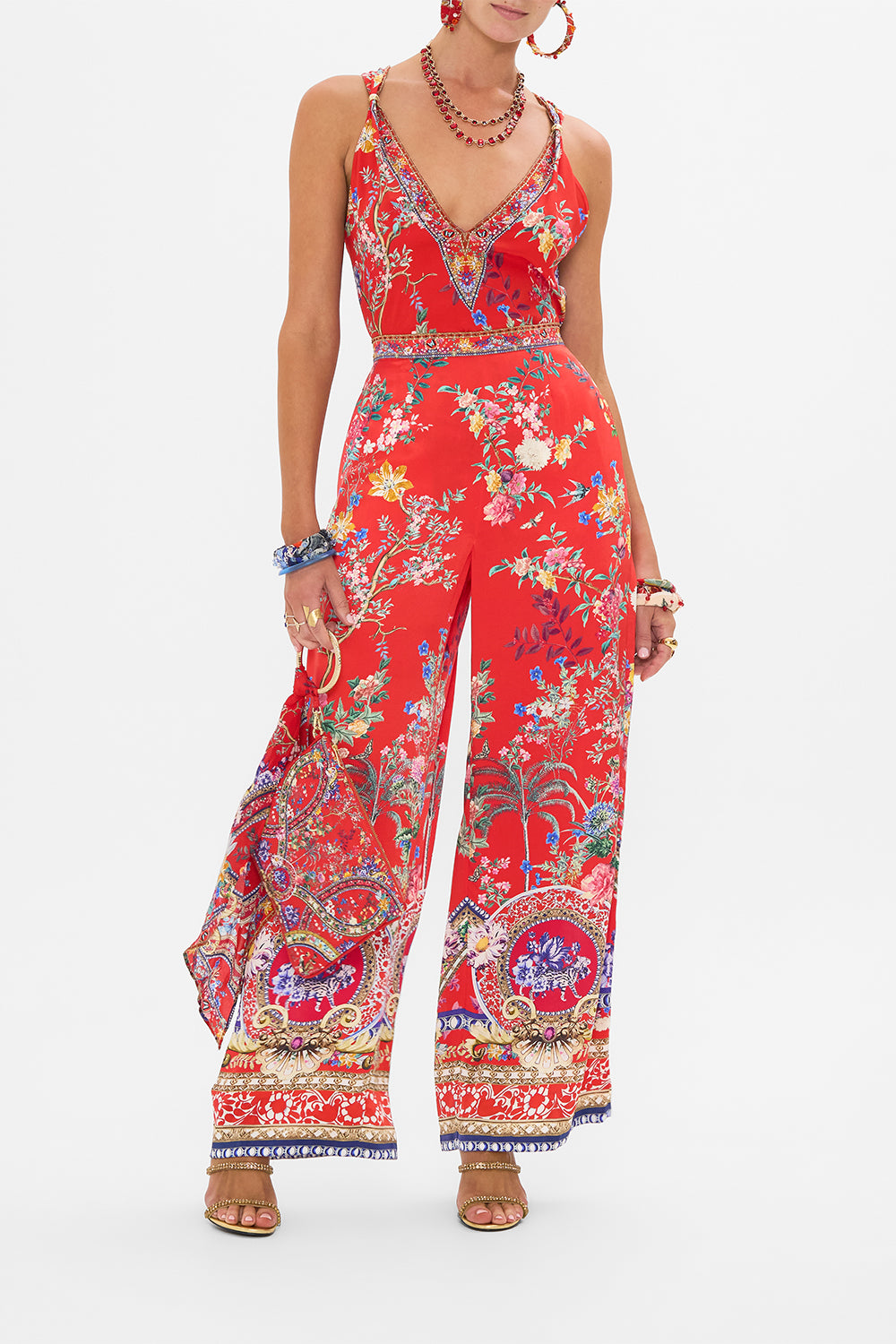 CAMILLA red floral print silk tank top in The Summer Palace print
