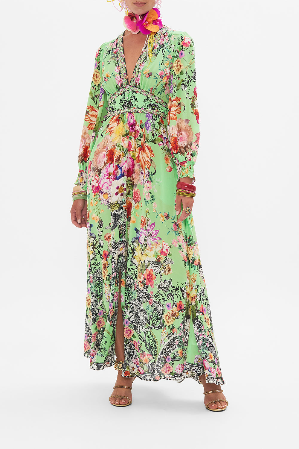 Front view of model wearing CAMILLA sillk dress in Porcelain Dream print