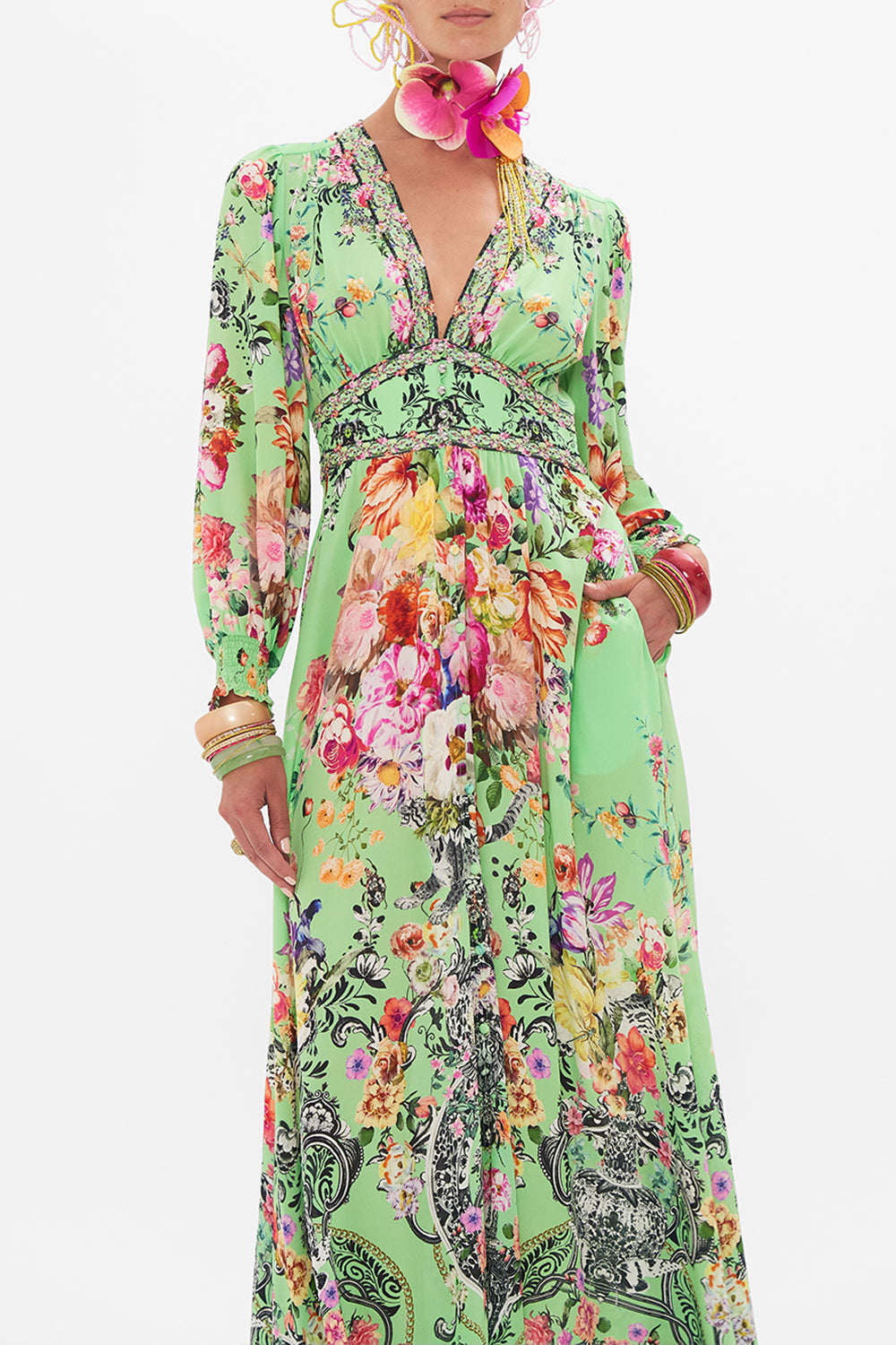 Crop view of model wearing CAMILLA sillk dress in Porcelain Dream print