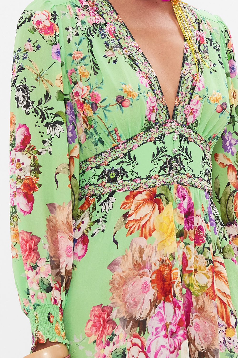 Detail view of model wearing CAMILLA sillk dress in Porcelain Dream print