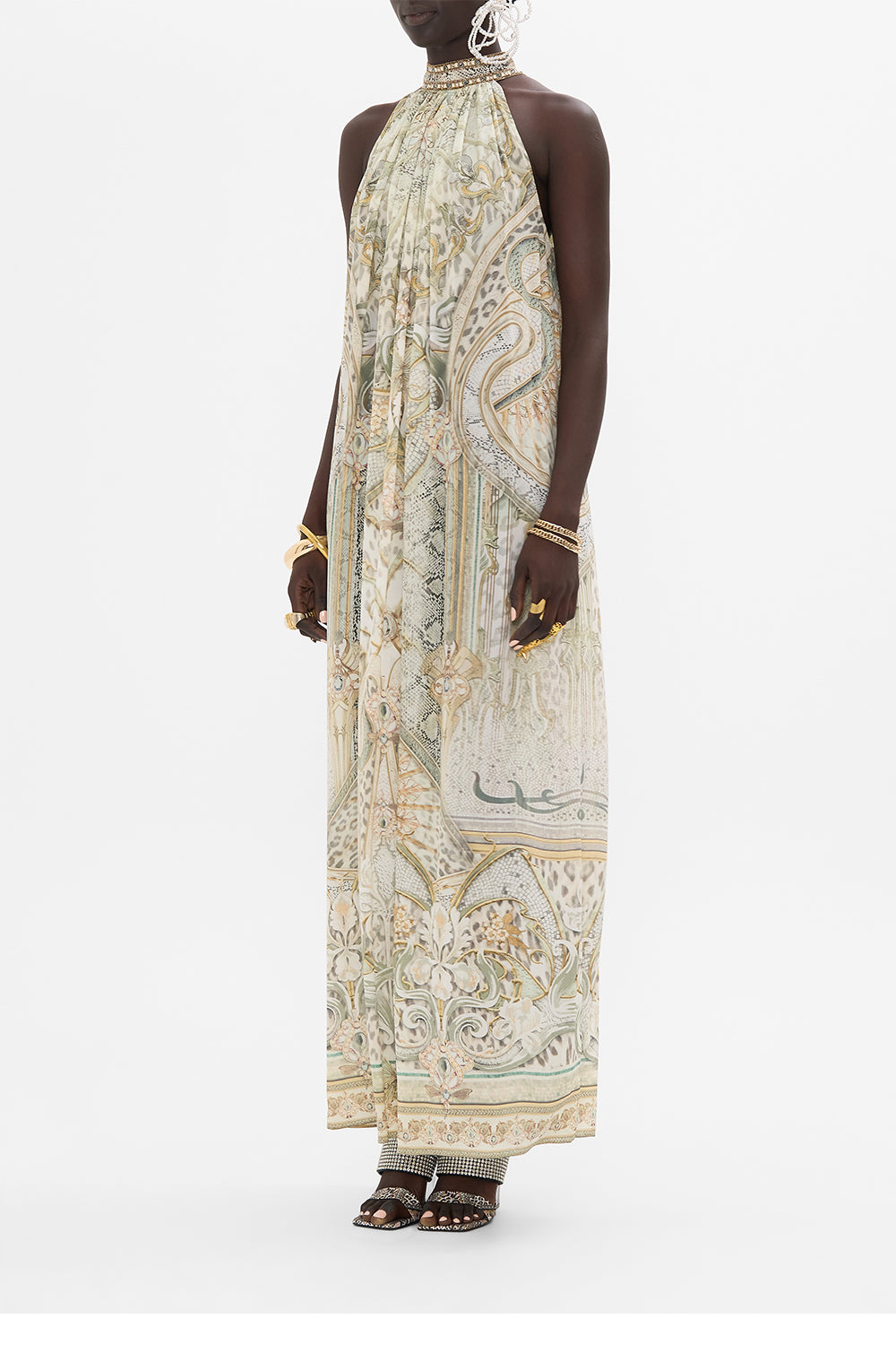 CAMILLA silk maxi dress in Ivory Tower Tales print