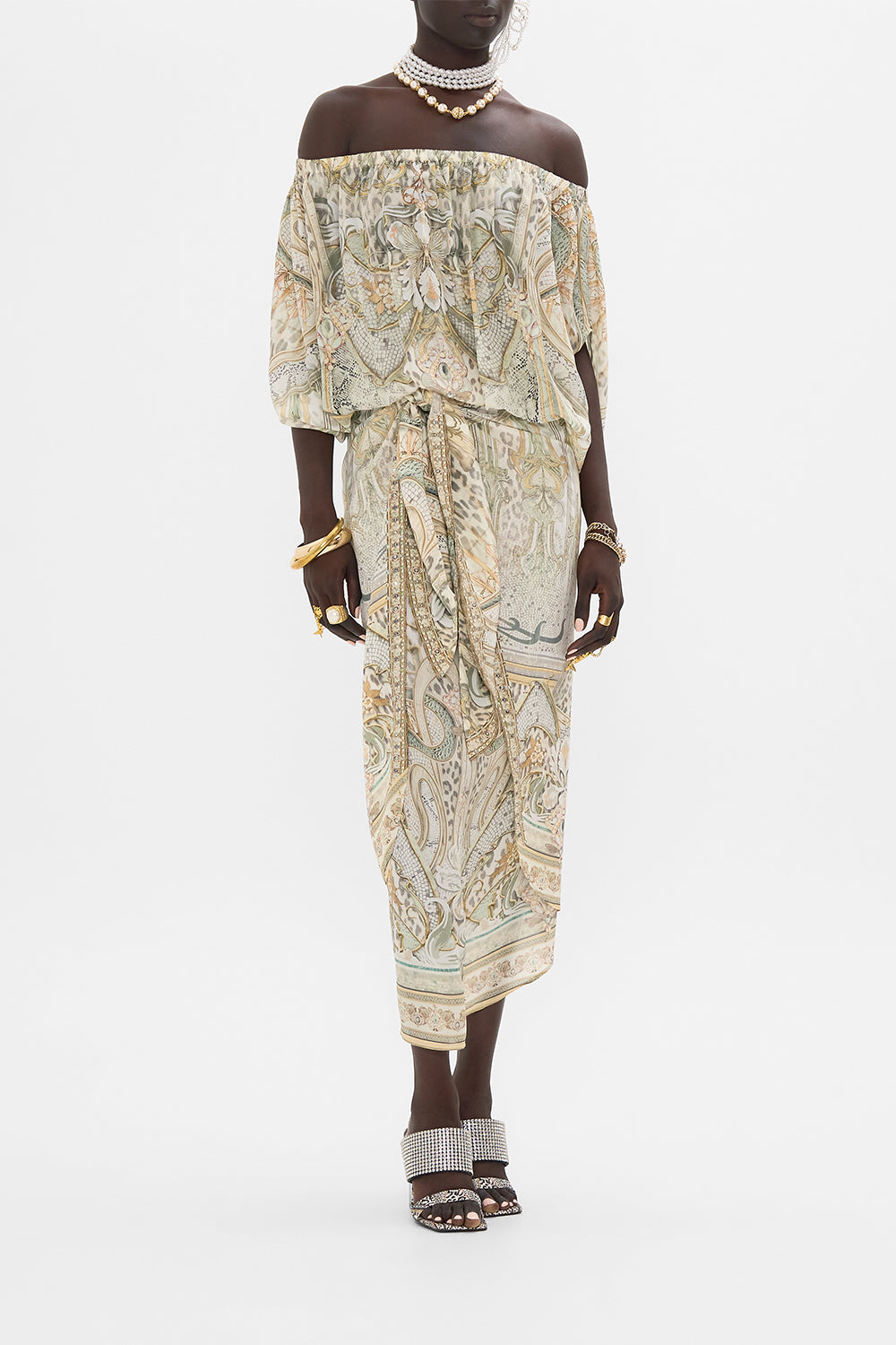 CAMILLA off shoulder top in Ivory Tower Tales print