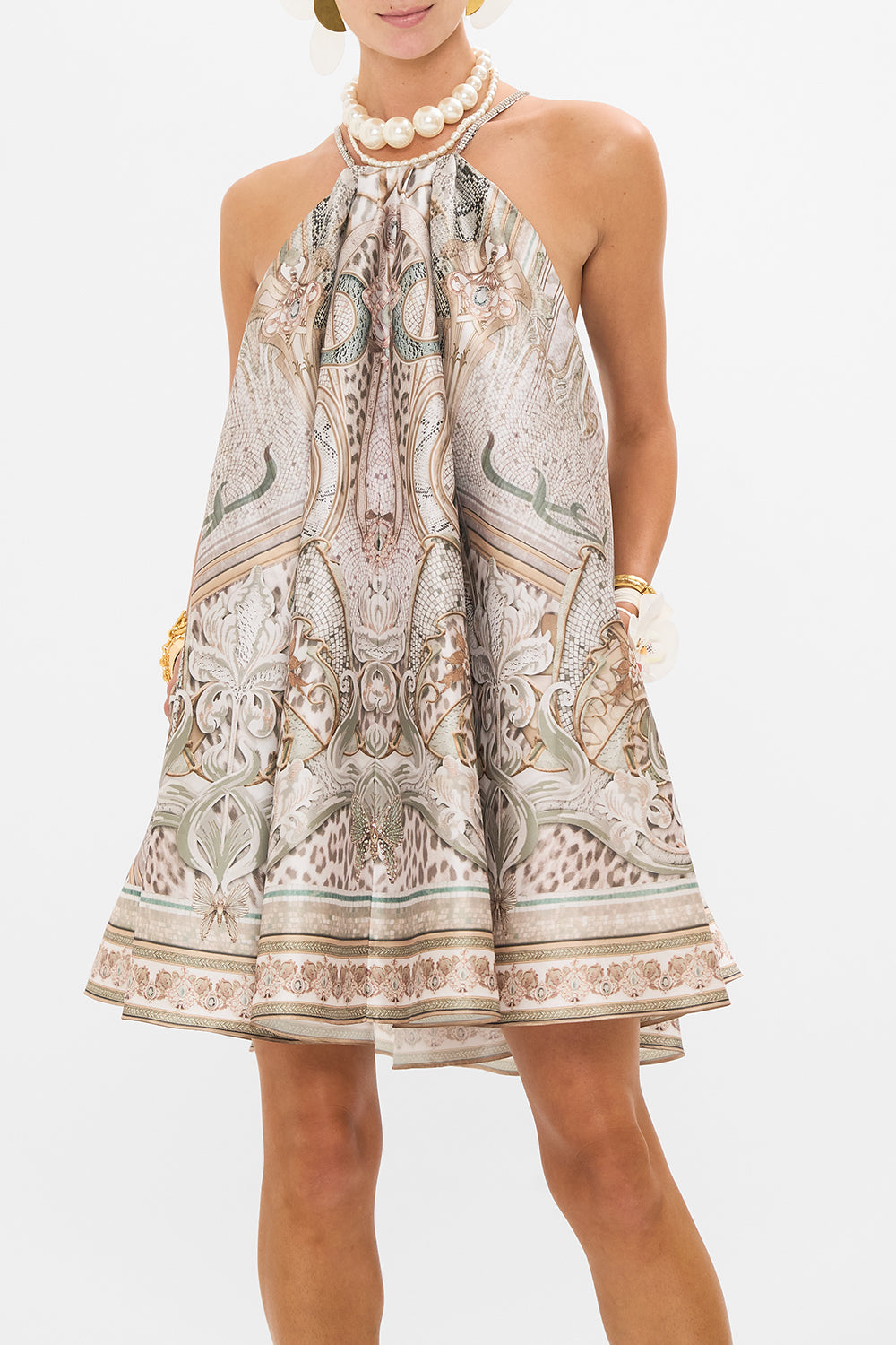 CAMILLA mini dress in Ivory Tower Tales oprint