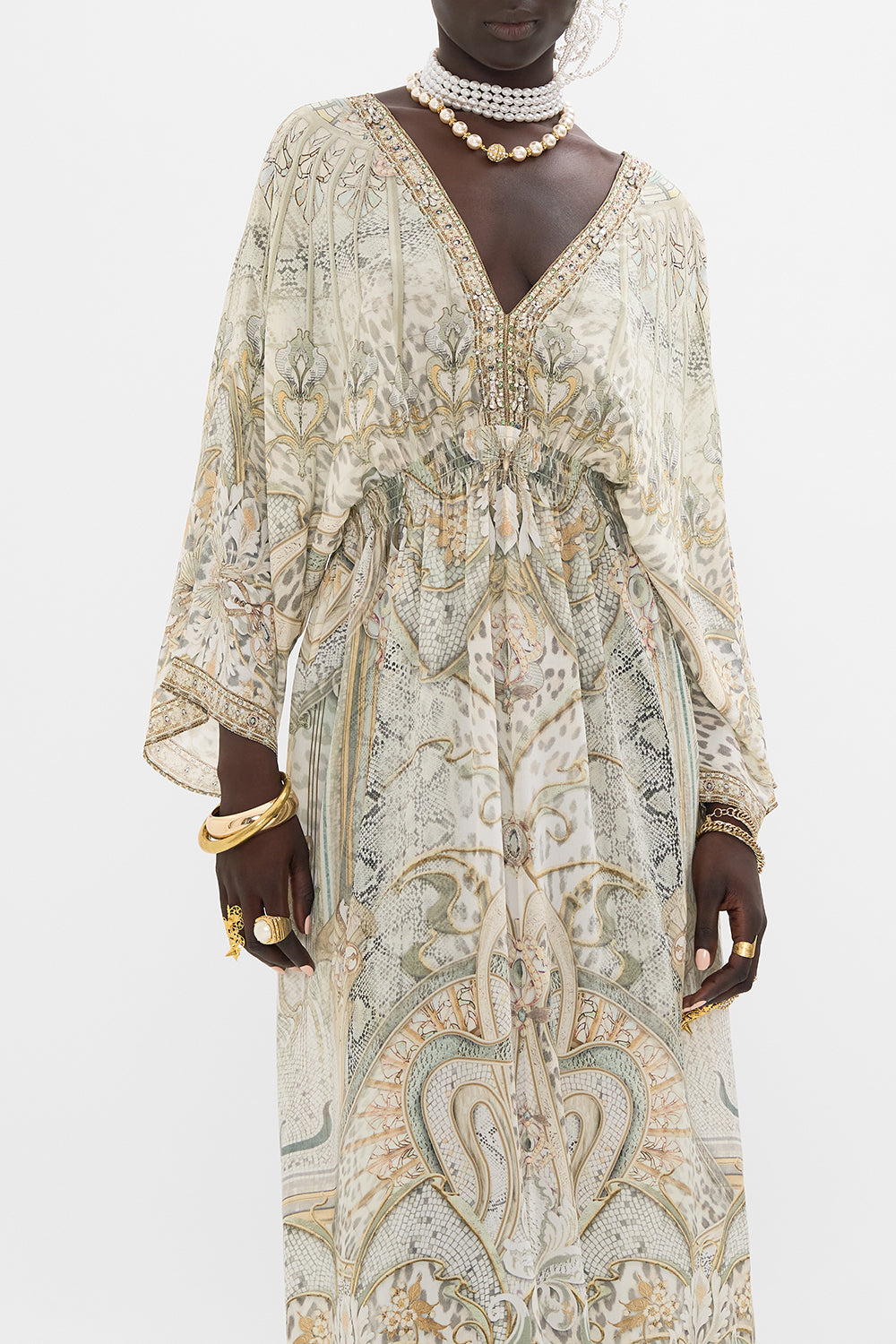 CAMILLA maxi dress in Ivory Tower Tales print