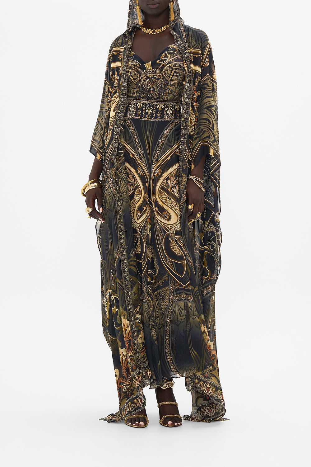 CAMILLA silk robe in Nouveau Noir print