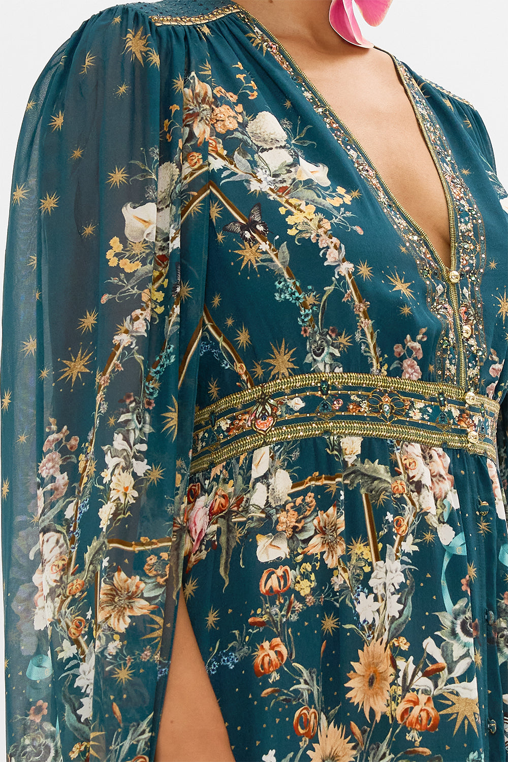 CAMILLA dress with cape in She Who Wears The Crown print