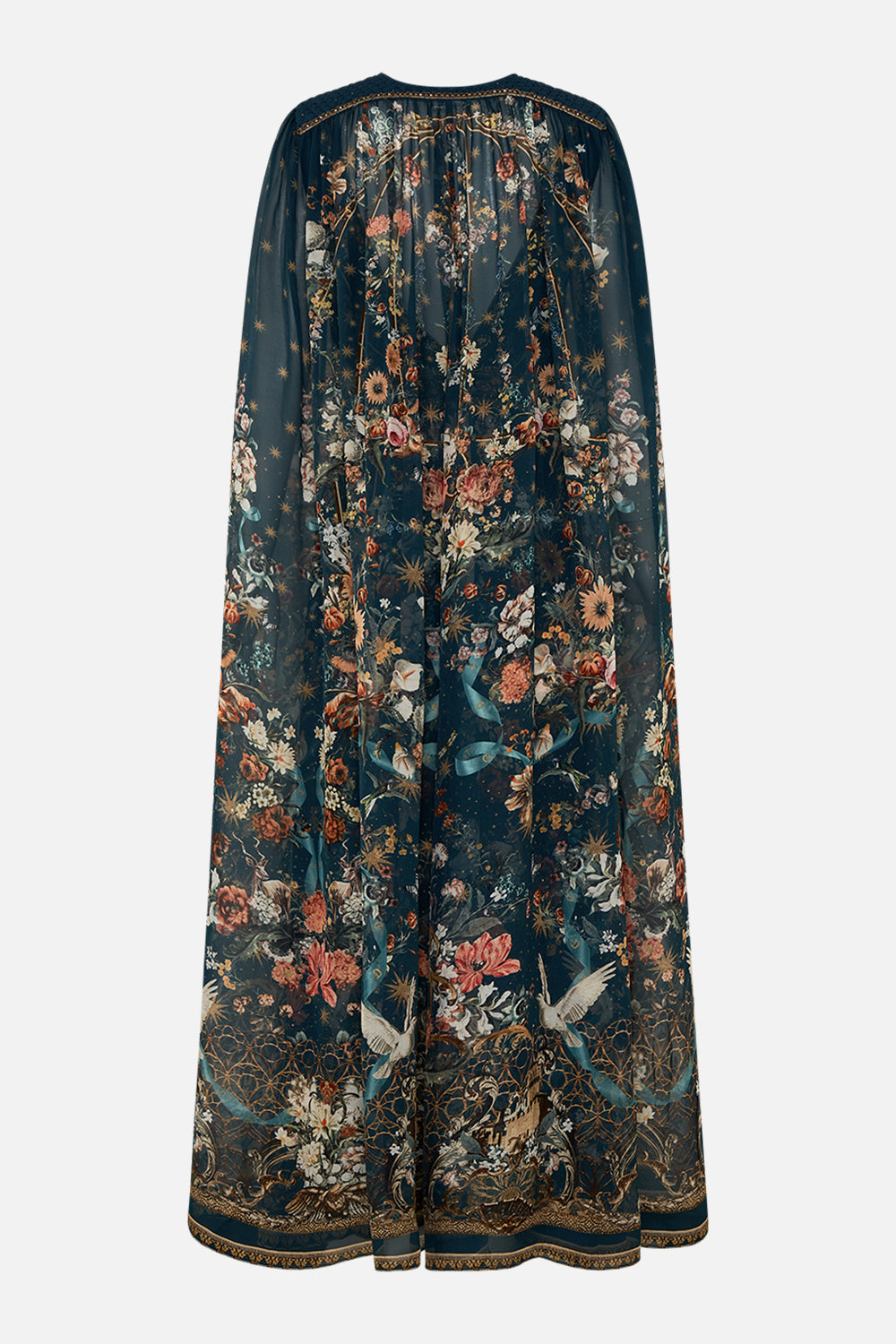 CAMILLA dress with cape in She Who Wears The Crown print