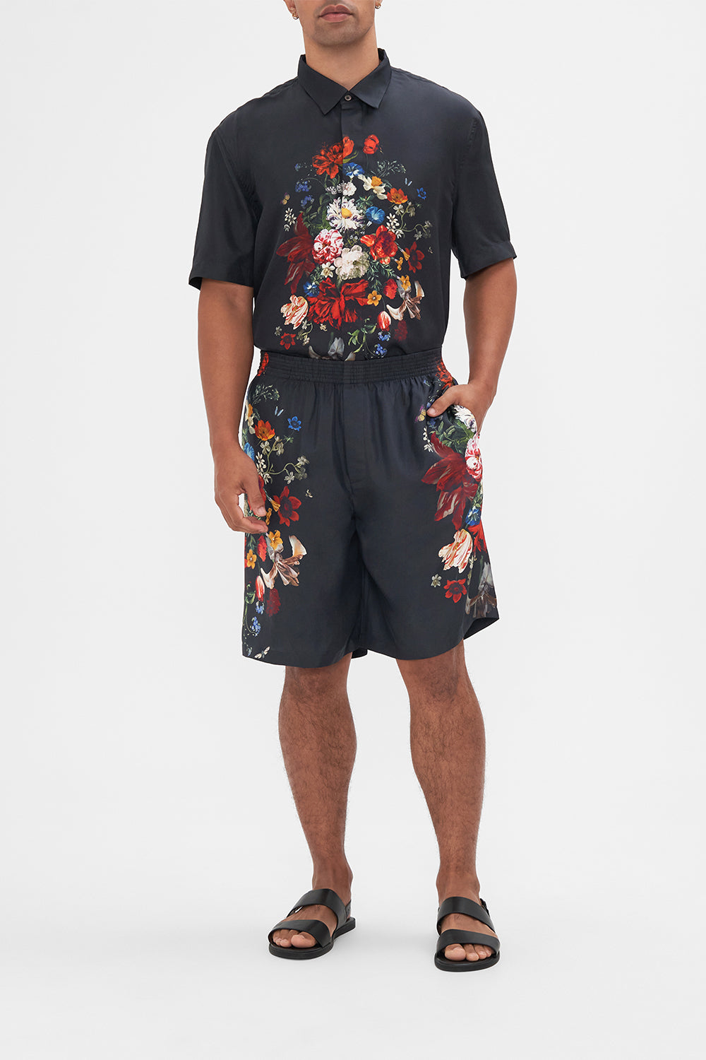 Hotel Franks by CAMILLA mens black floral print boardshorts in A Still Life print
