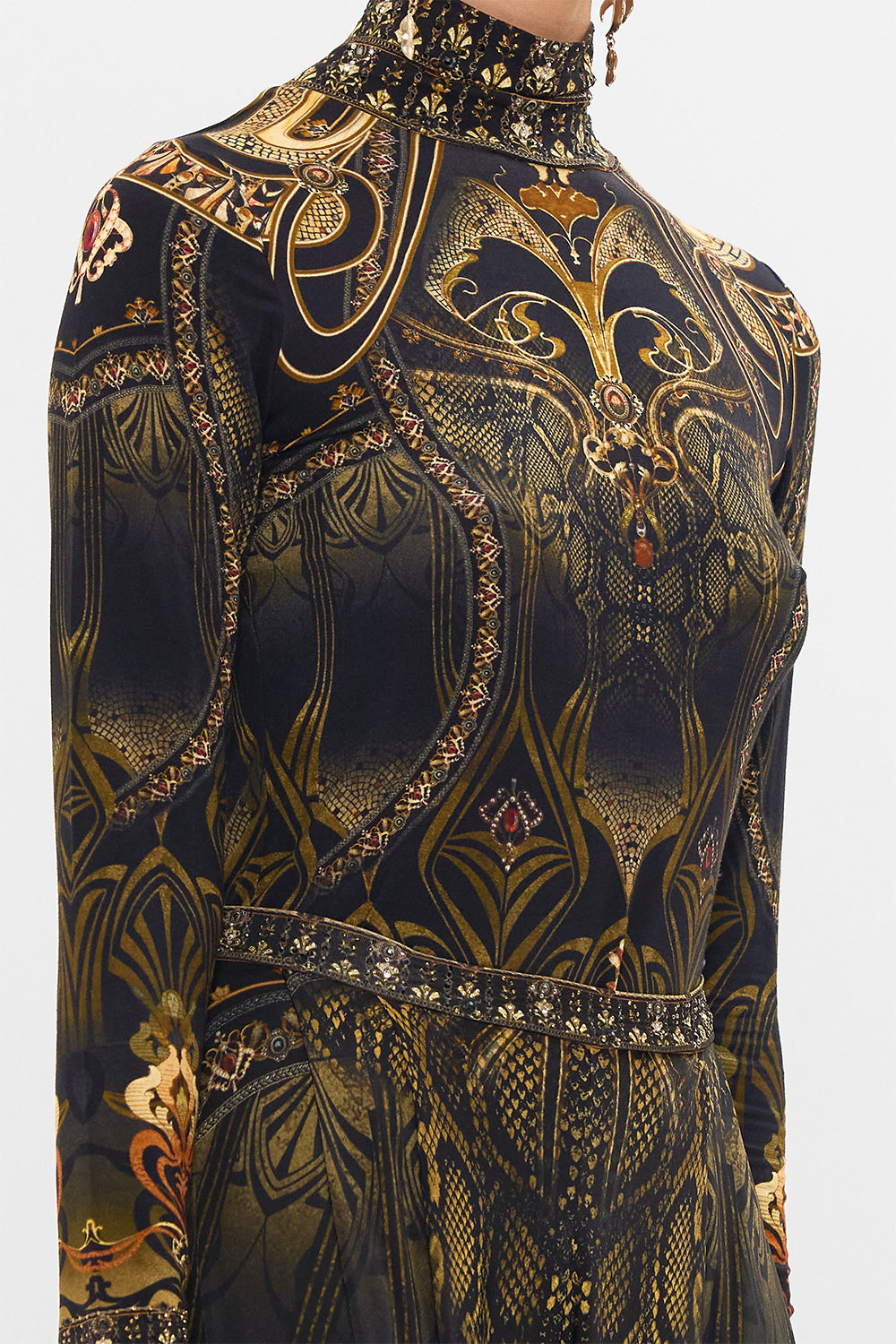 CAMILLA jersey turtleneck in Nouveau Noir print