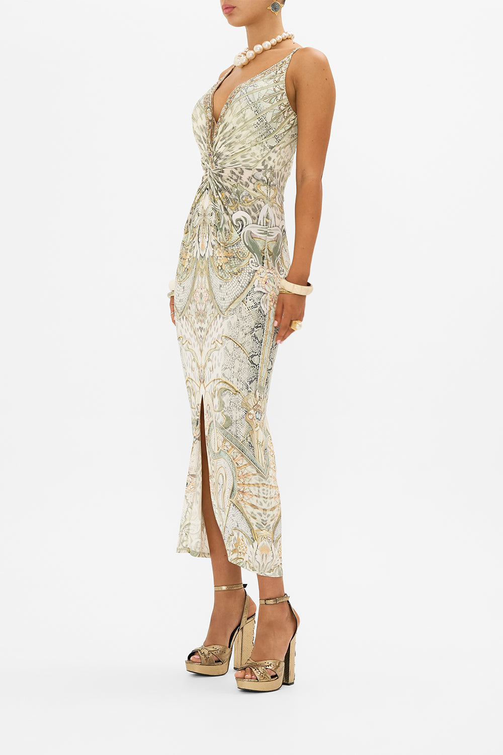CAMILLA jersey dress with twist in Ivory Tower Tales print