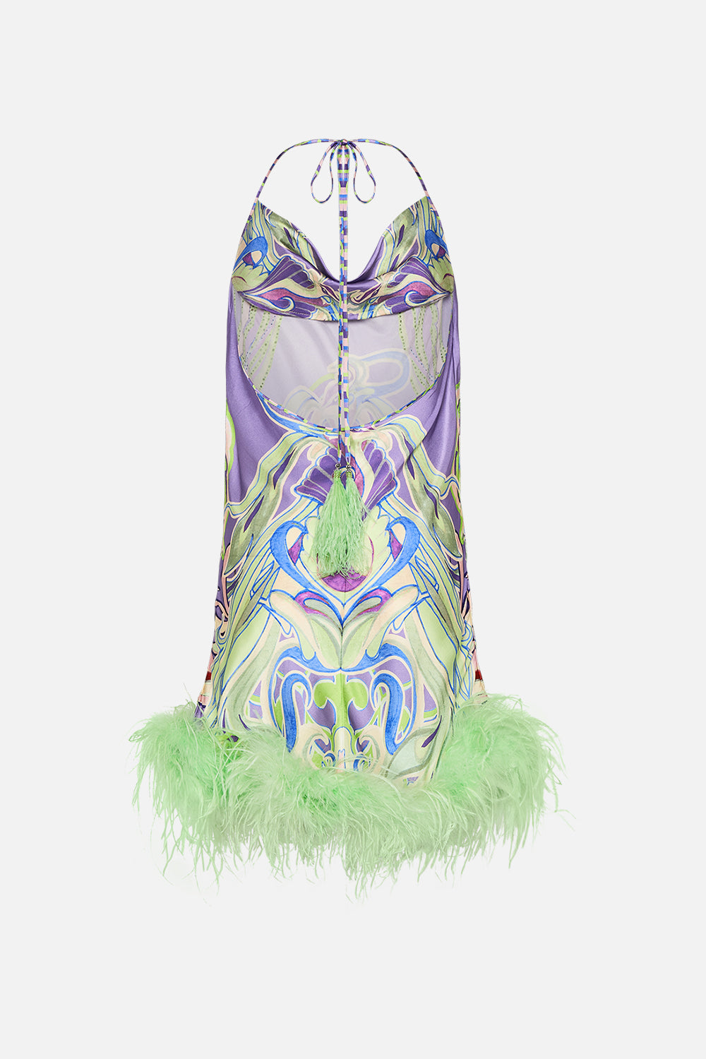 CAMILLA halter dress with feathers in Amsterdam Jewel print