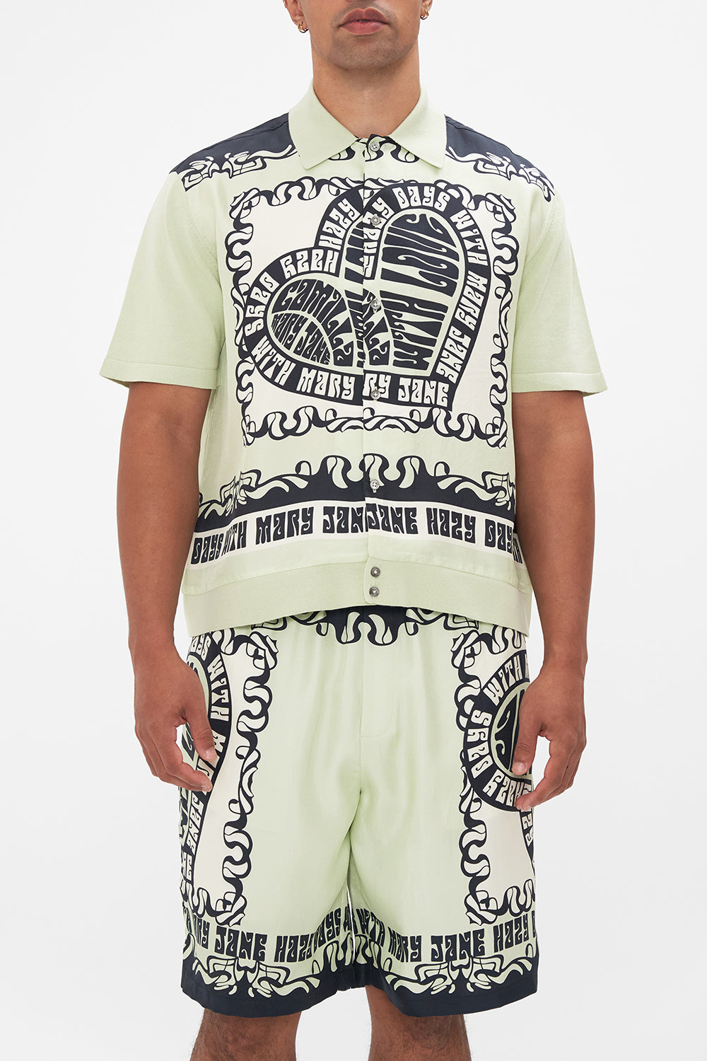 Hotel Franks by CAMILLA mens knit silk shirt in Double Dutch print