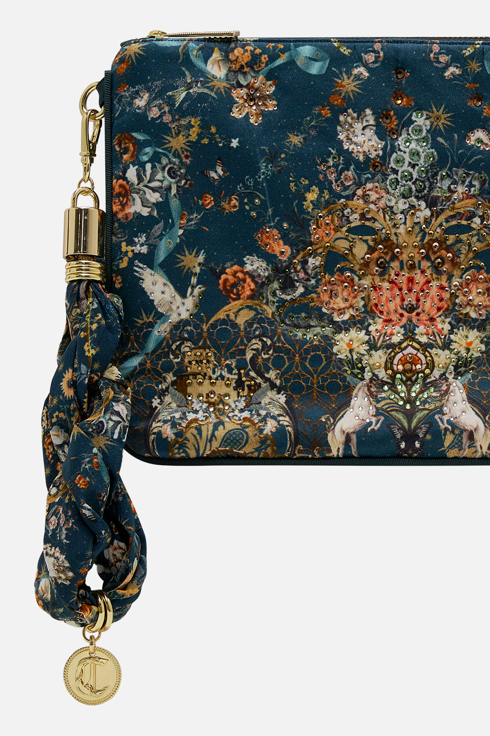 CAMILLA silk clutch in She Who Wears The Crown print