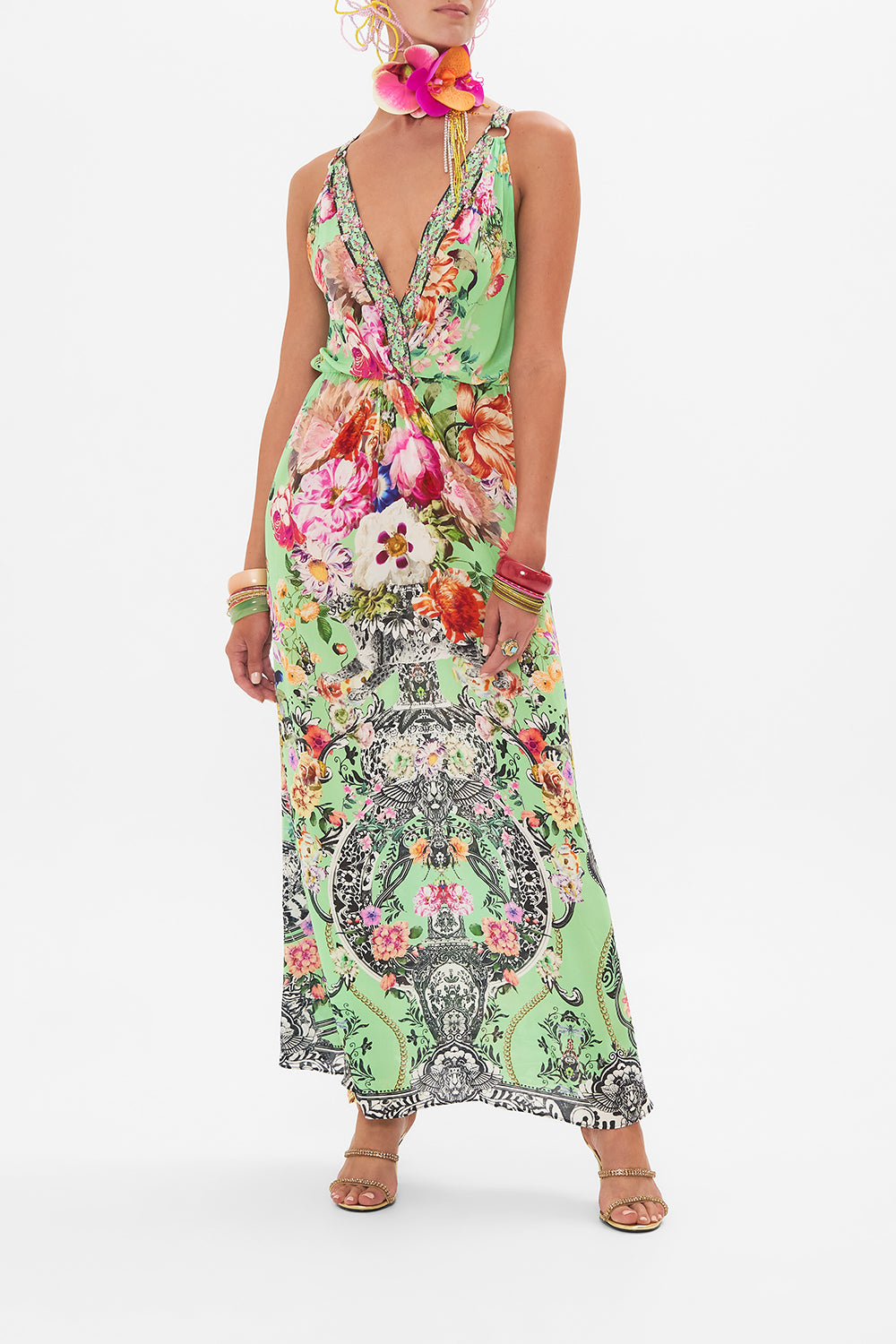 Front view of model wearing CAMILLA twist front dress in Porcelain Dream print