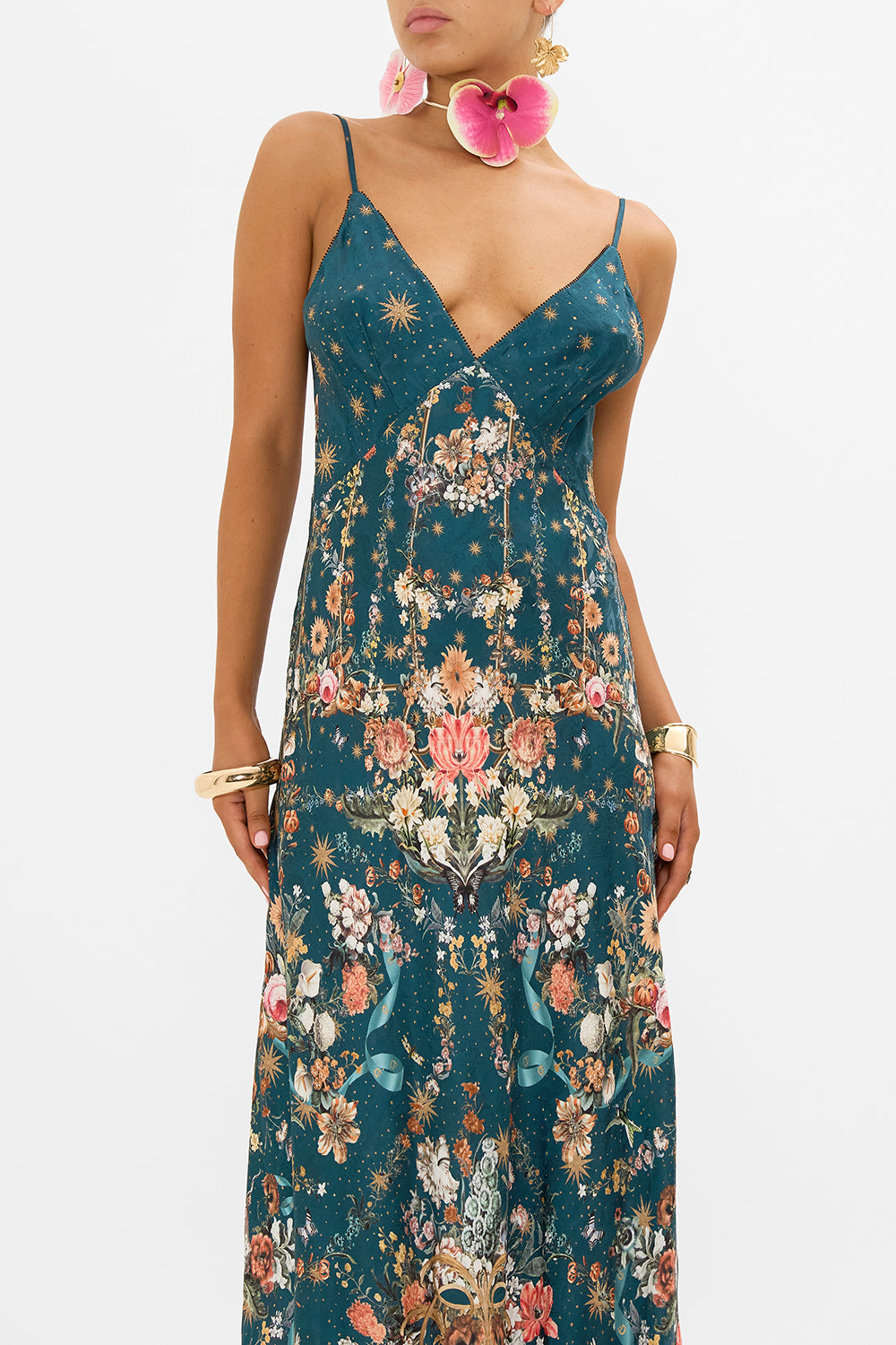 CAMILLA silk slip dress in She Who Wears The Crown print