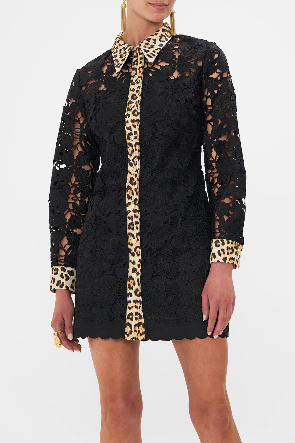 Crop view of model wearing CAMILLA silk tunic dress in Heart Like A Wildflower print