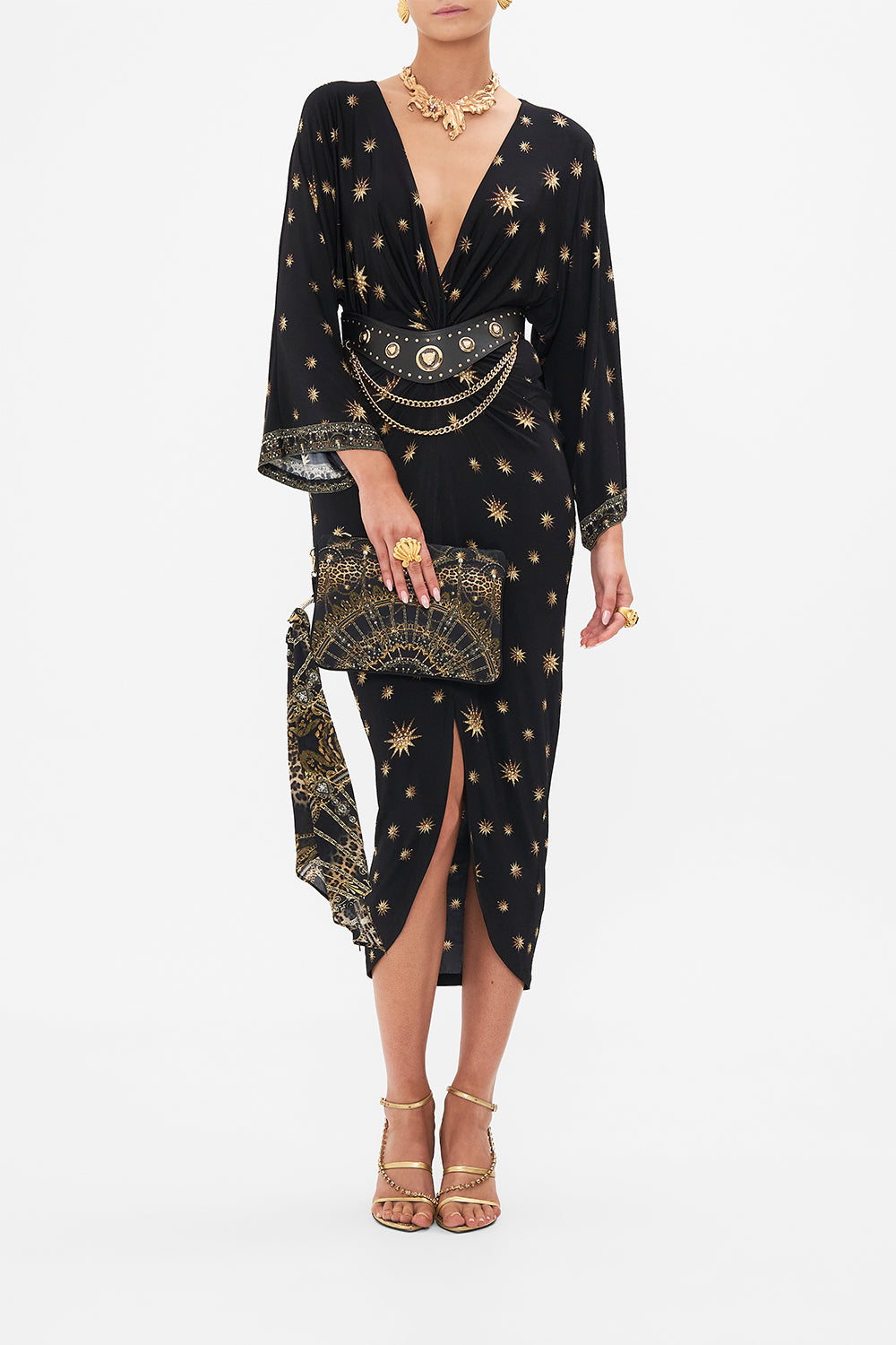 Front view of model wearing CAMILLA jersey dress in Soul Of A Stargazer print