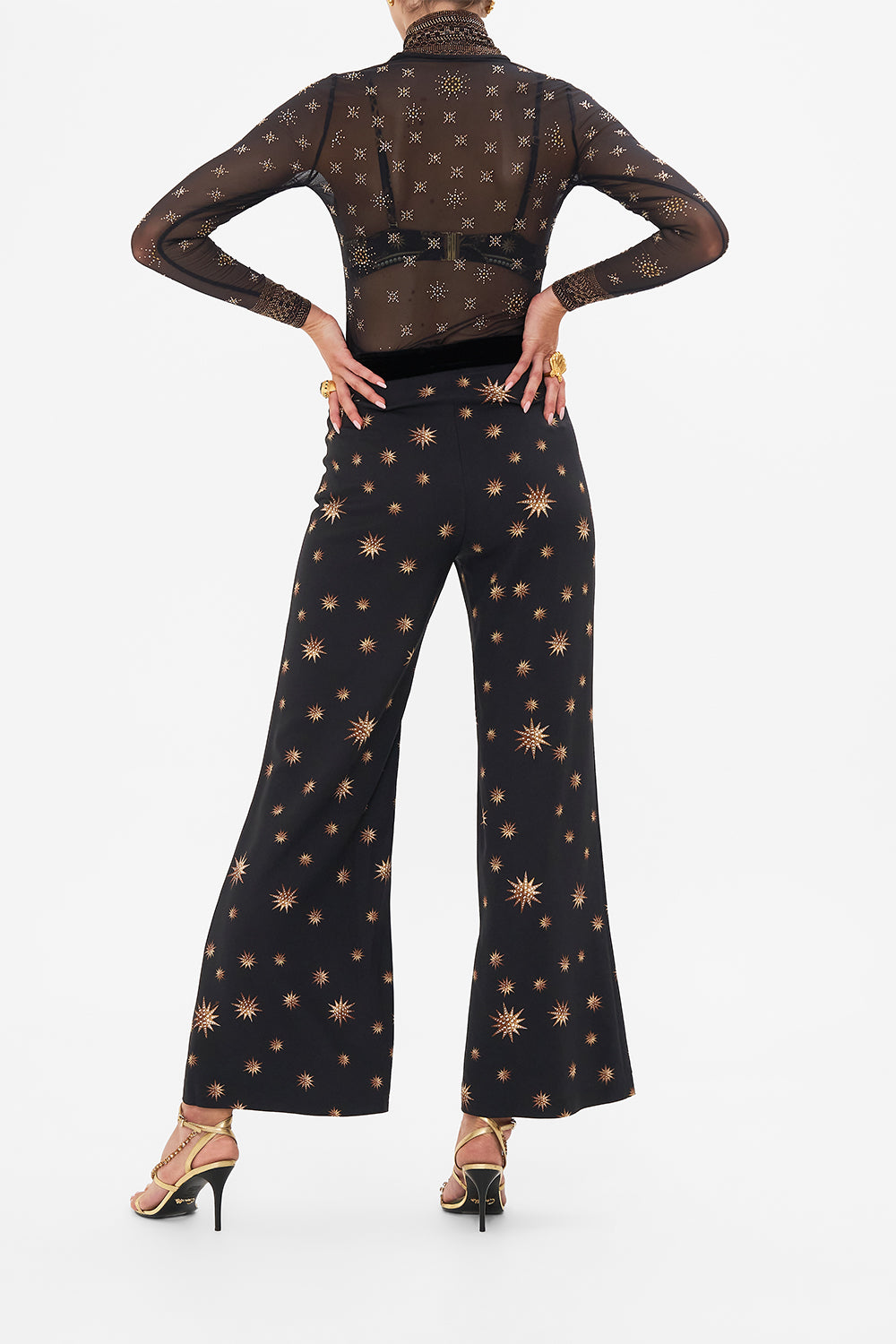 Back view of model wearing CAMILLA mesh turtleneck top in Soul Of A Star Gazer print