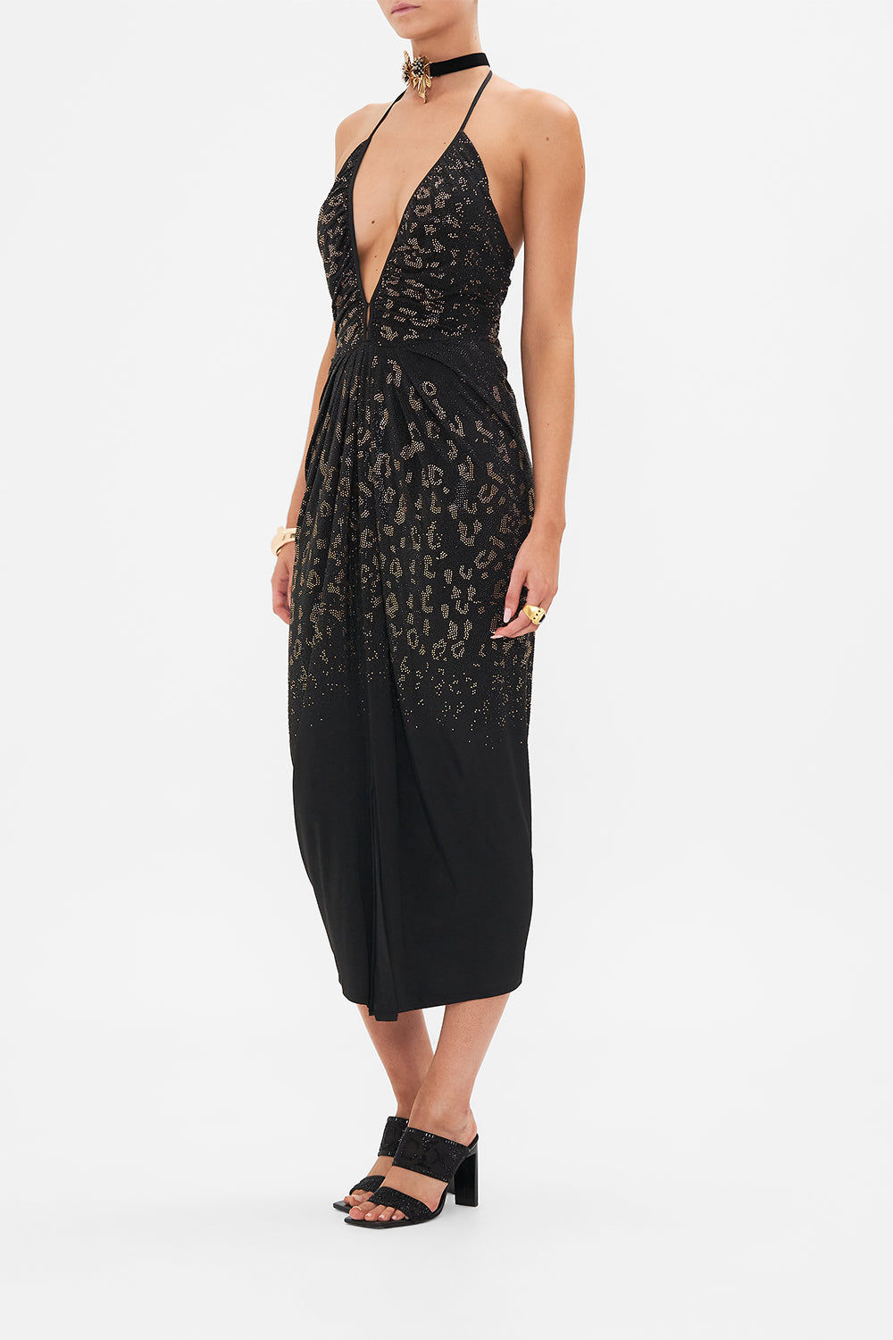 Side view of model wearing CAMILLA black jersey dress in Mosaic Muse