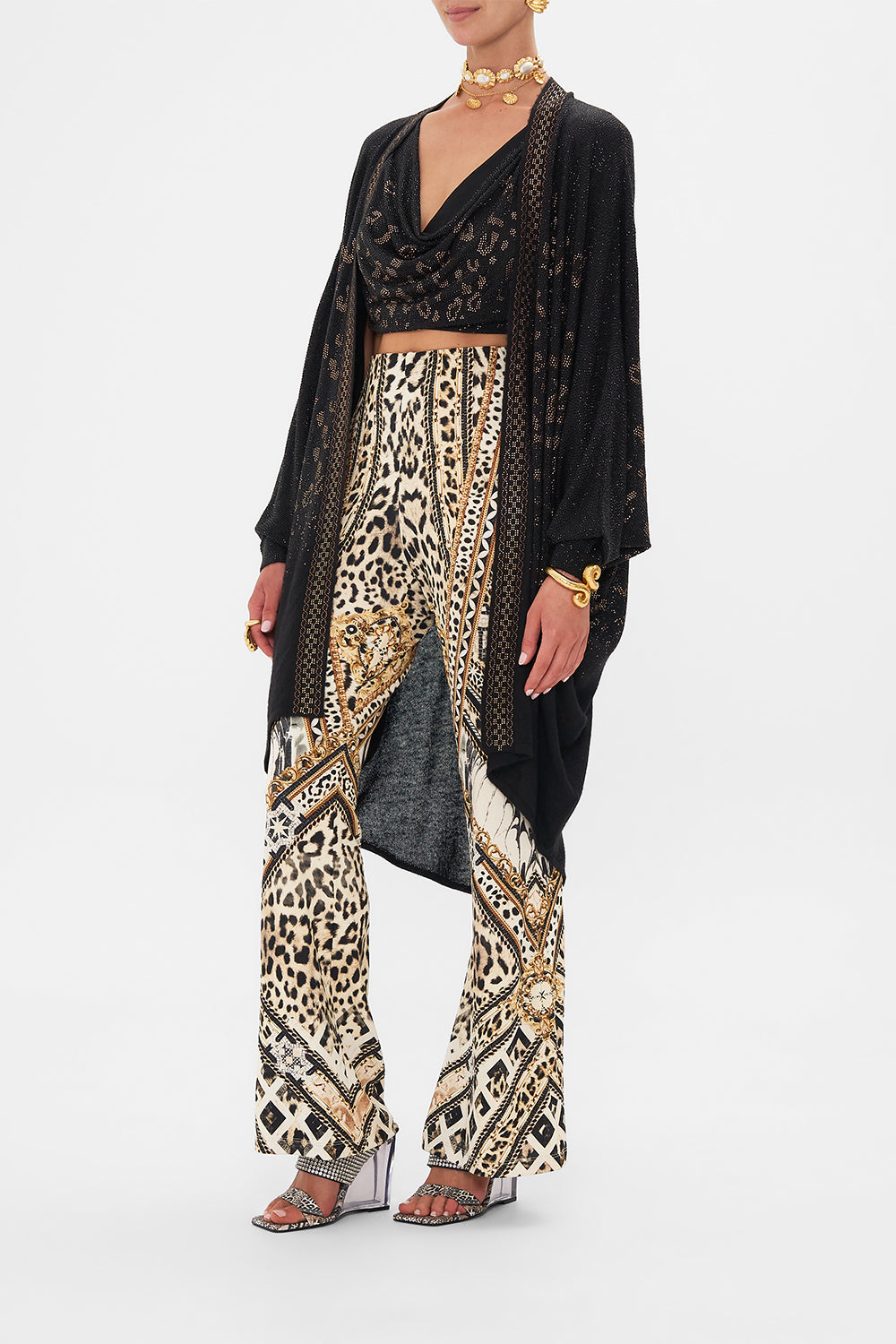 Side view of model wearing CAMILLA knit cardigan in Mosaic Muse