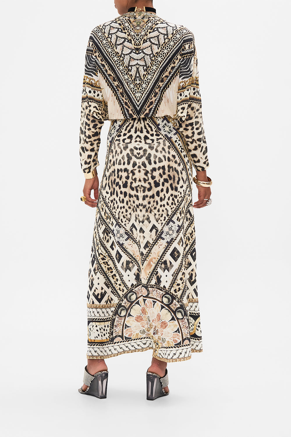 Back view of model wearing CAMILLA silk batwing dress in Mosiac Muse print