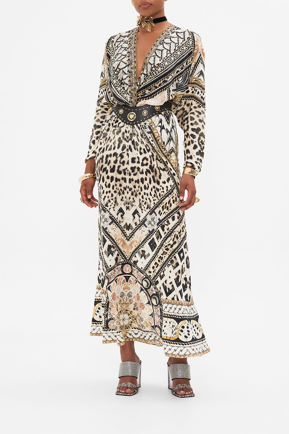 Style view of model wearing CAMILLA silk batwing dress in Mosiac Muse print