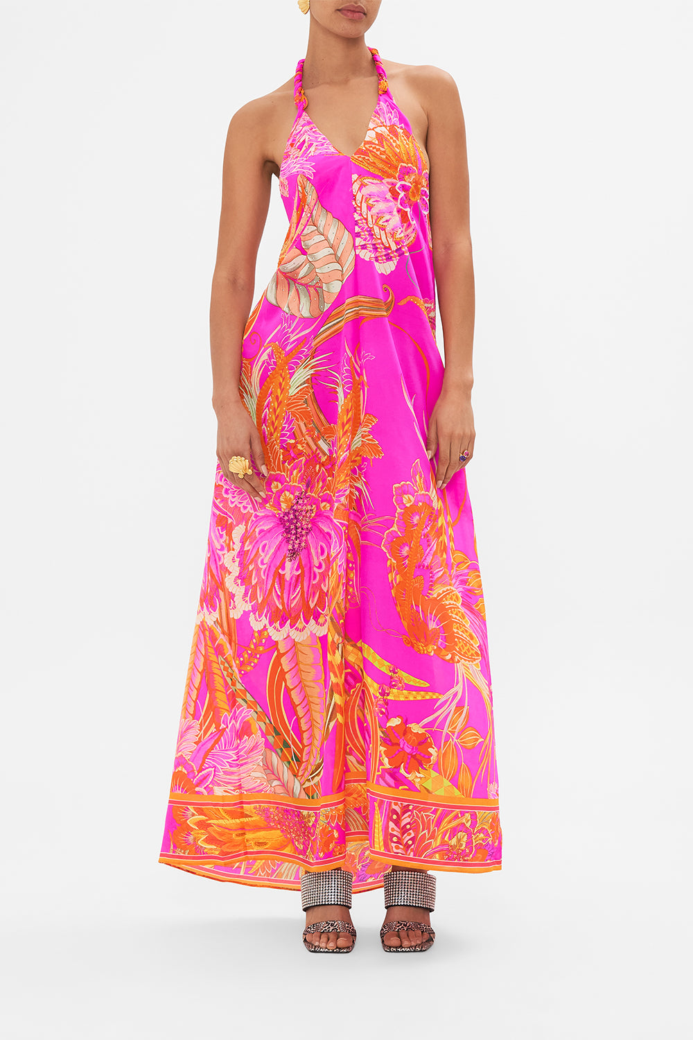 Detail view of model wearing CAMILLA silk neck tie dress in A Heart That Flutters print