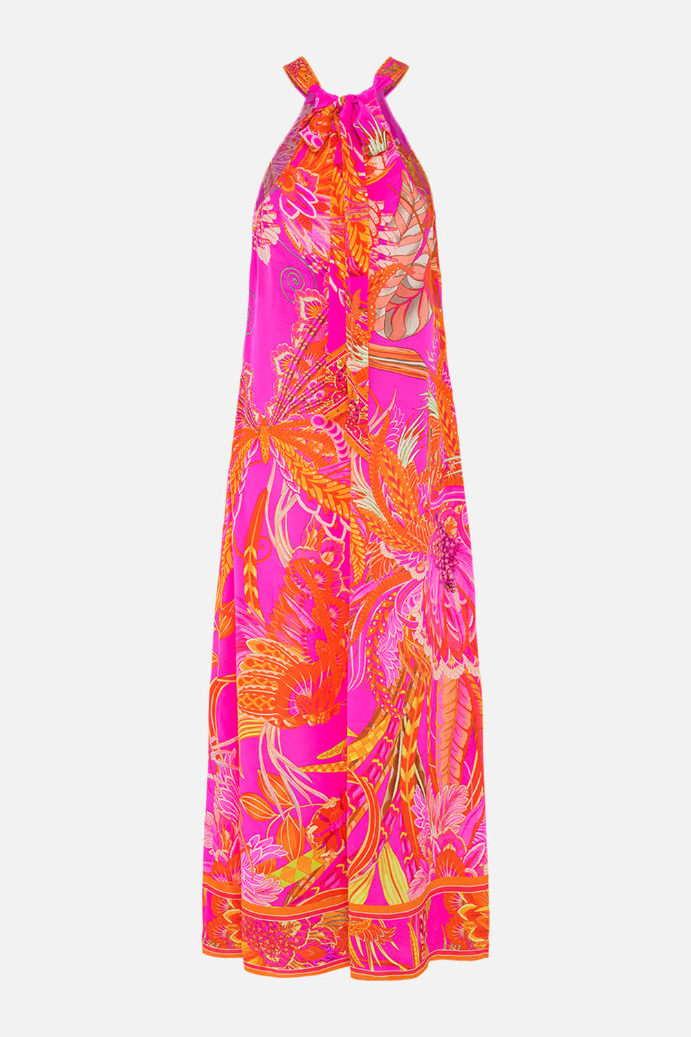 CAMILLA silk neck tie dress in A Heart That Flutters print