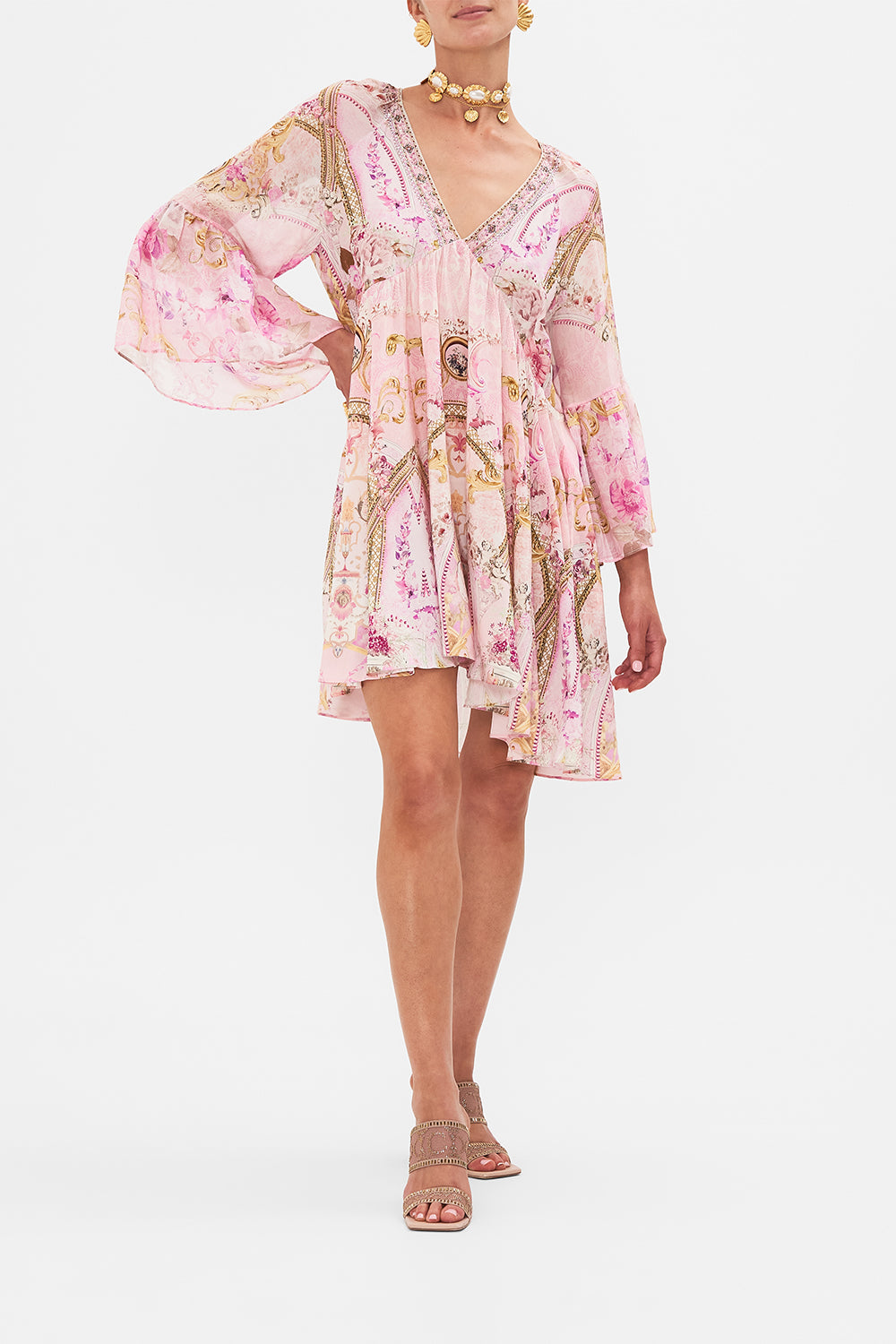 Front view of model wearing CAMILLA pink silk dress in Fresco Fairytale print