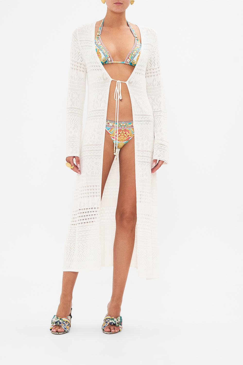 Front view of model wearing CAMILLA pointelle knit layer in Sea Charm print