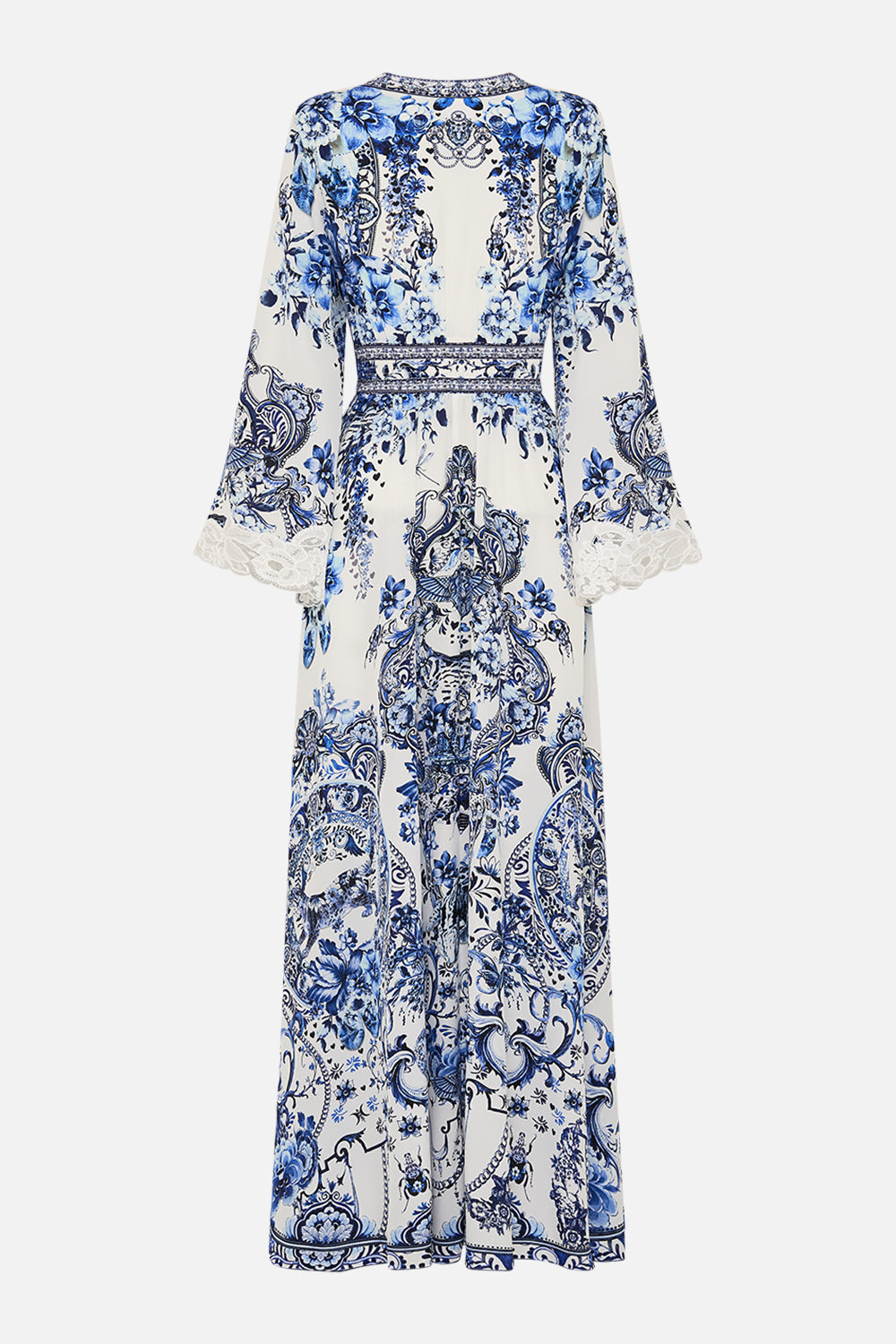 Back view of CAMILLA silk maxi dress in Glaze and Graze print