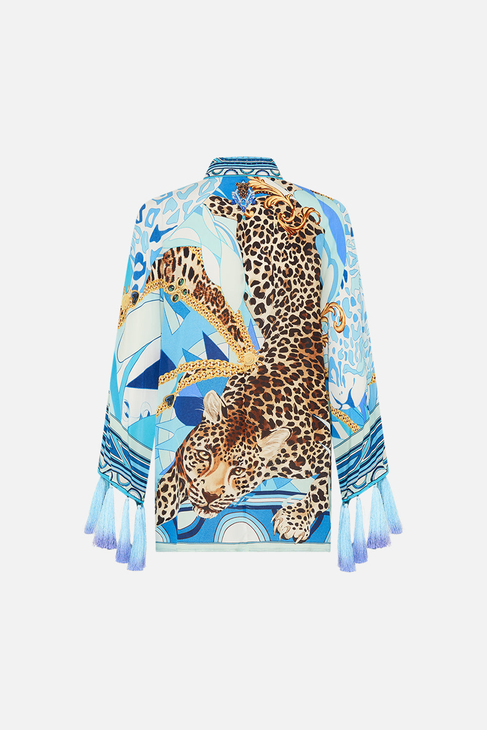 KIMONO SLEEVE BLOUSE WITH OMBRE TASSELS SKY CHEETAH