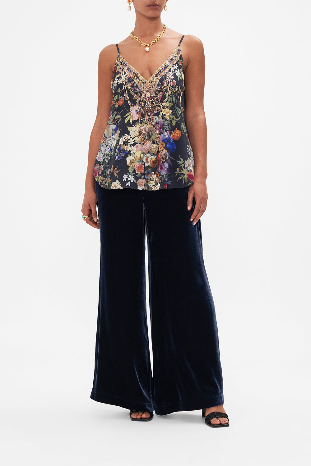 Front view of model wearing CAMILLA silk V neck cami in Play Your Cards Right print