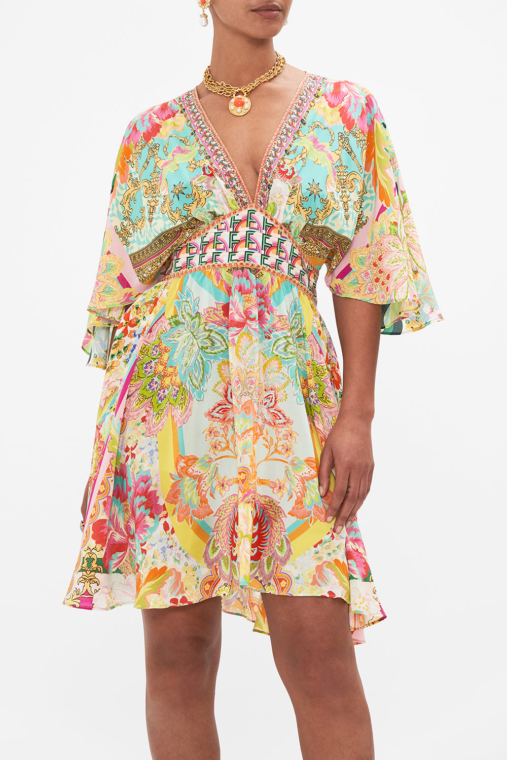 Crop view of model wearing CAMILLA silk mini dress in An Italian Welcome print