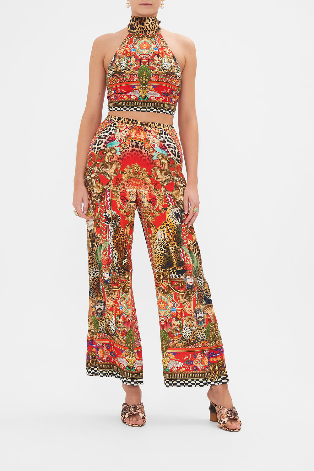 Front view of model wearing CAMILLA silk tie back top in From Generation to Generation print