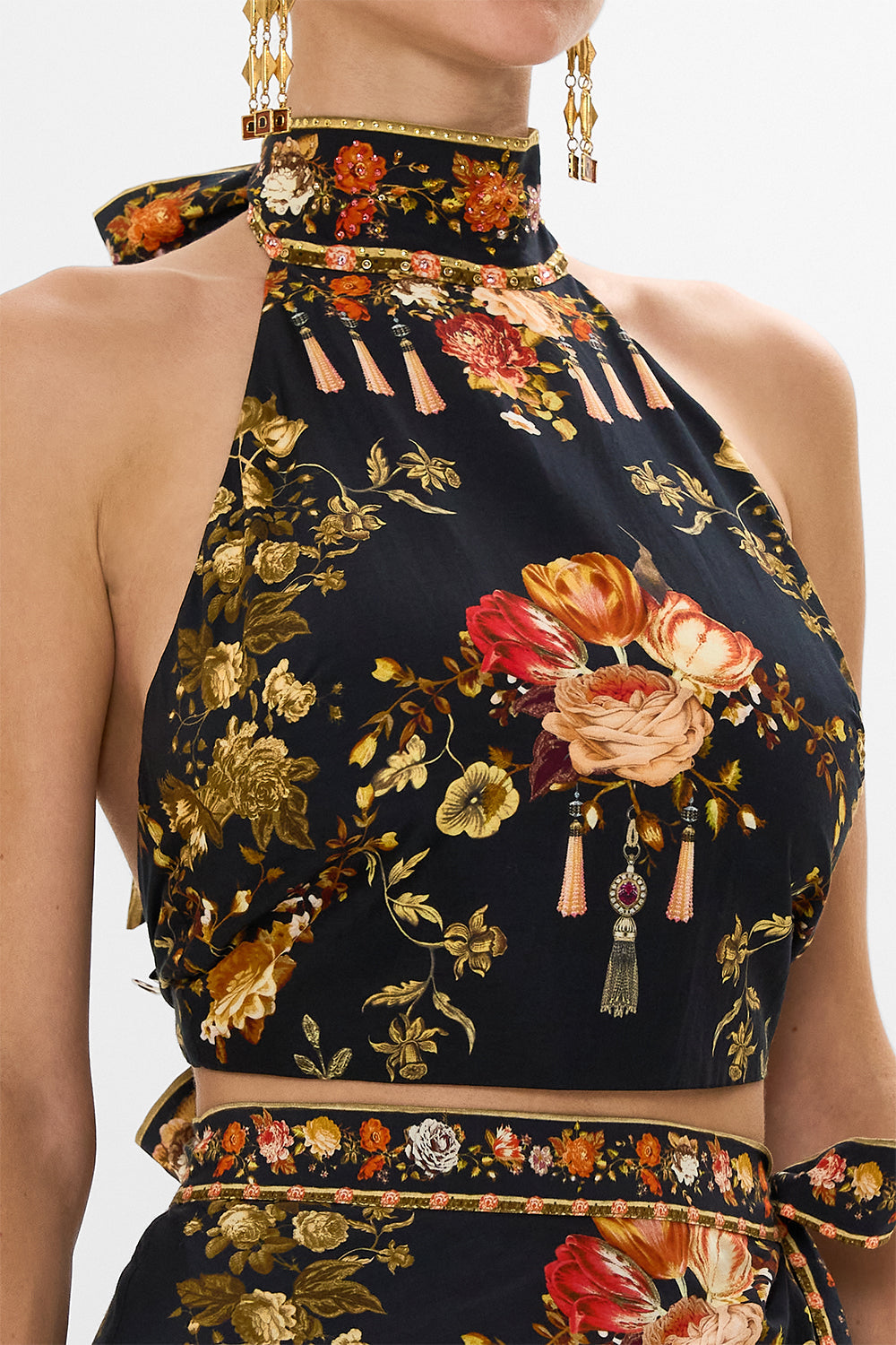 CAMILLA Floral Halter Tie Back Top in Stitched in Time