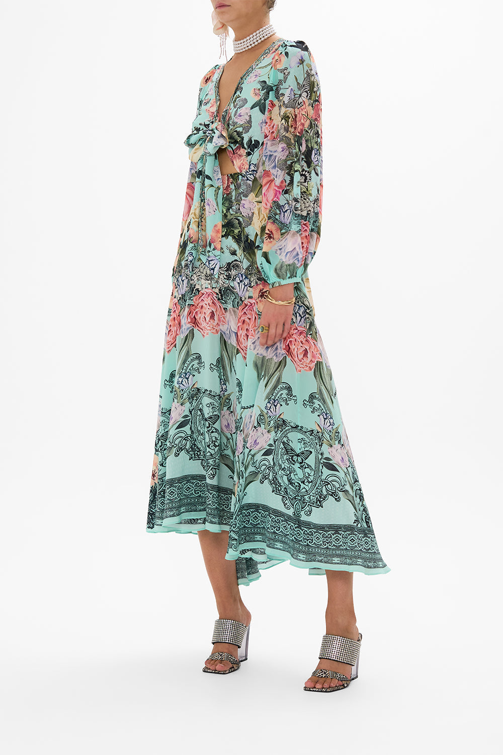 CAMILLA Floral Wrap Tie Dress with Blouson Sleeve in Petal Promise Land