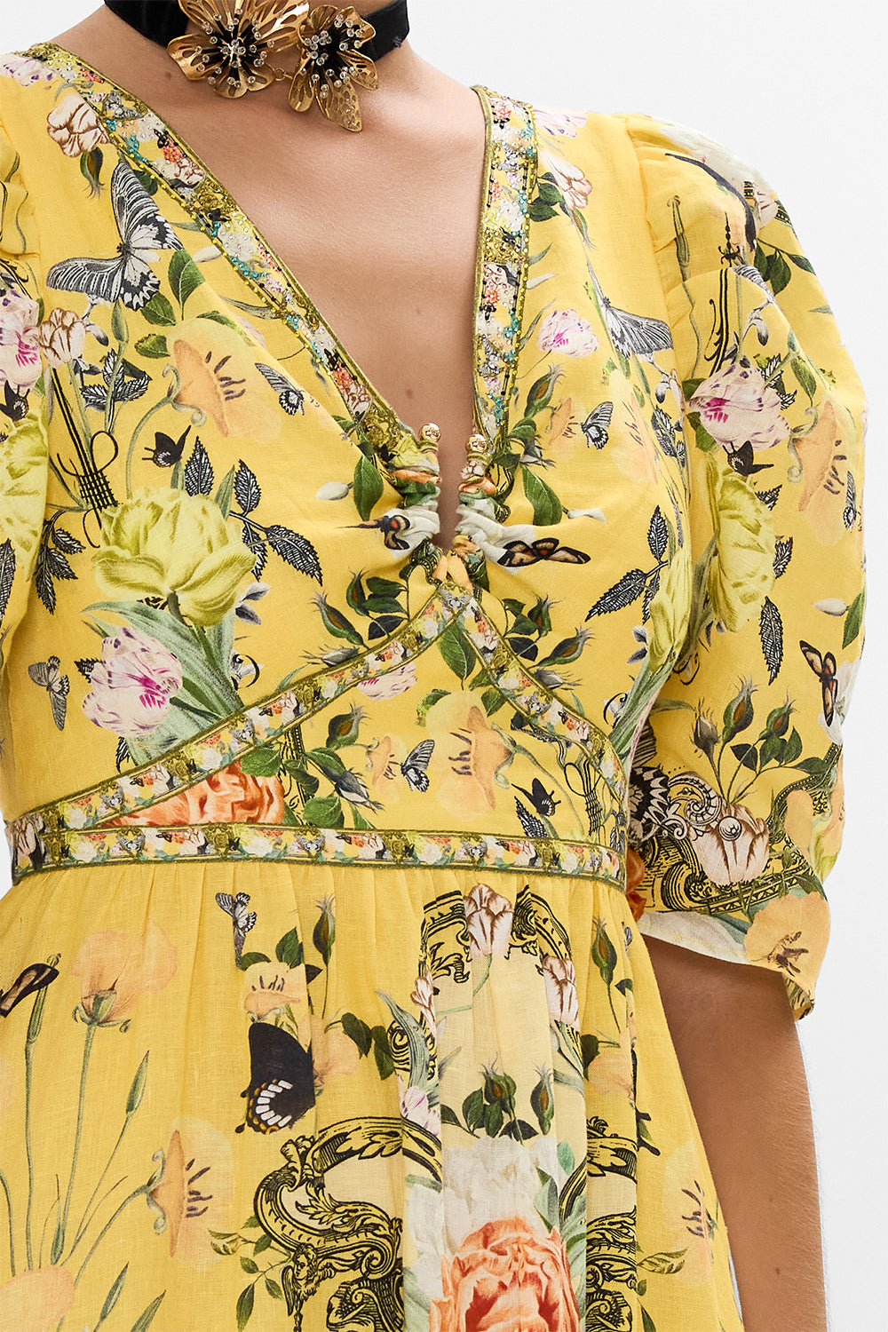 CAMILLA floral blouson blouse with neck tie in Stitched in Time print.