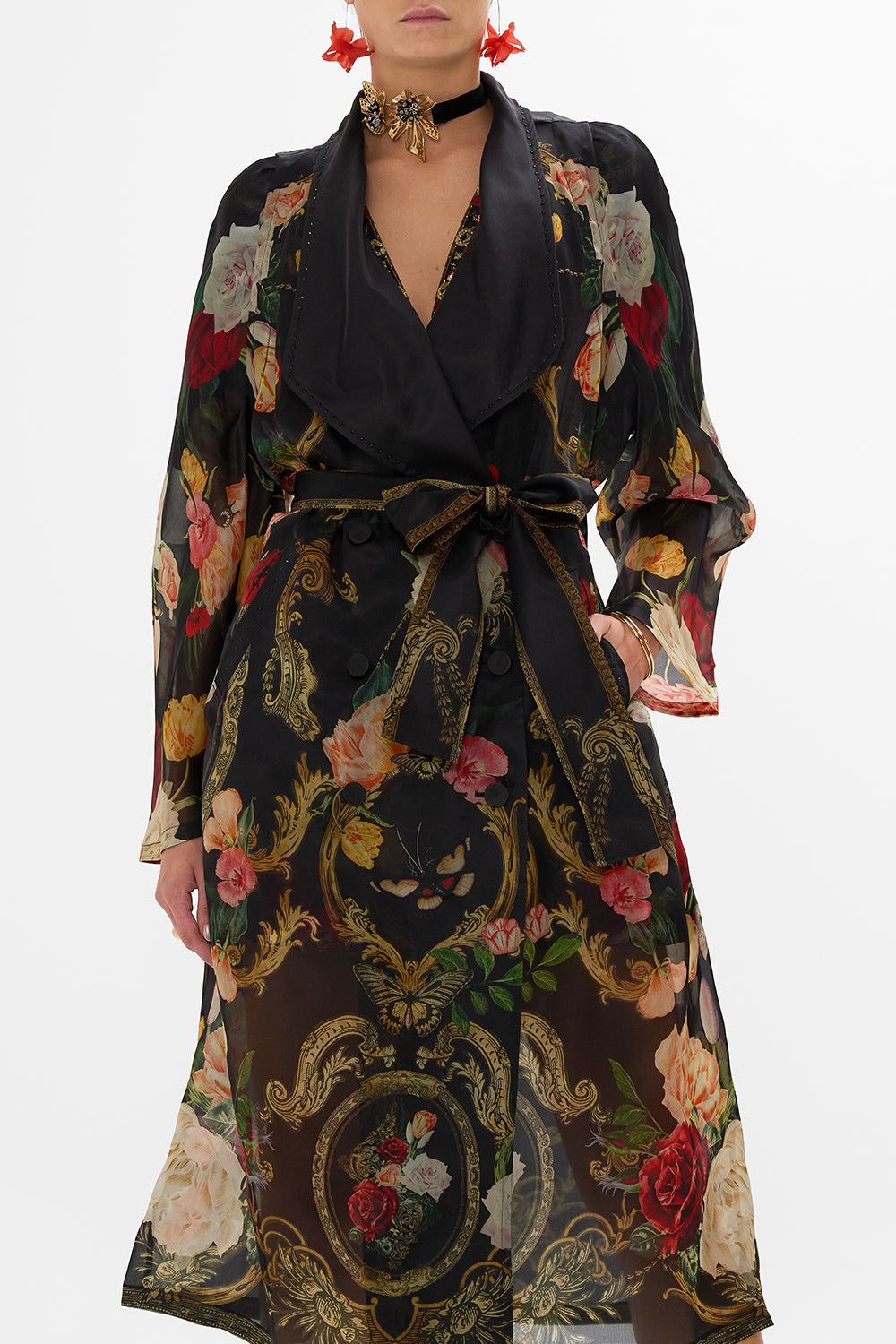 CAMILLA Black Coat with Vest Detail in Magic in the Manuscripts print