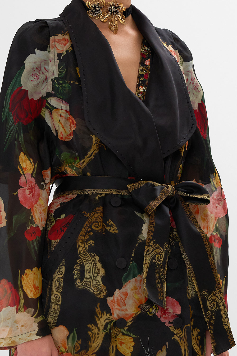CAMILLA Black Coat with Vest Detail in Magic in the Manuscripts print