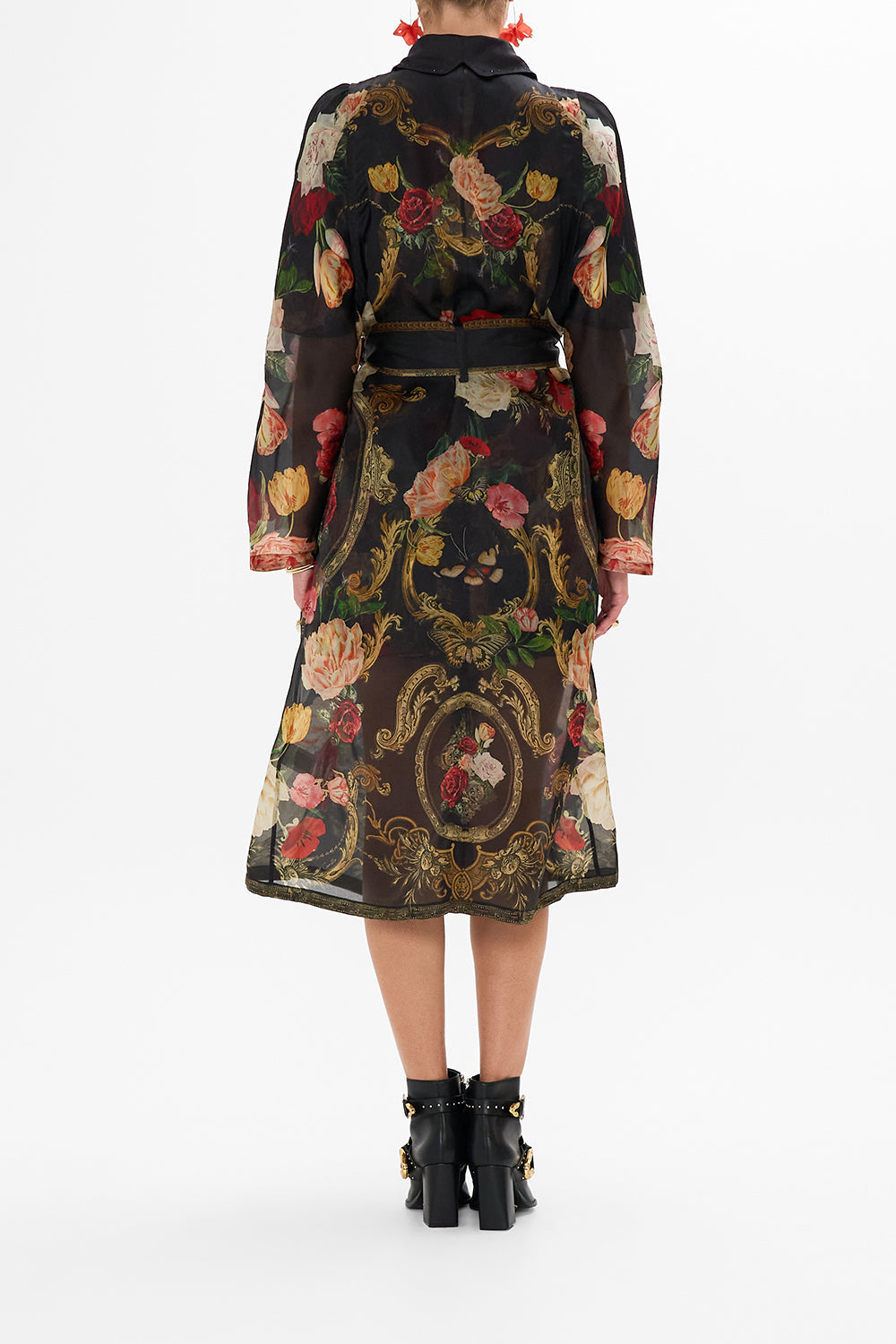 CAMILLA Black Coat with Vest Detail in Magic in the Manuscripts print