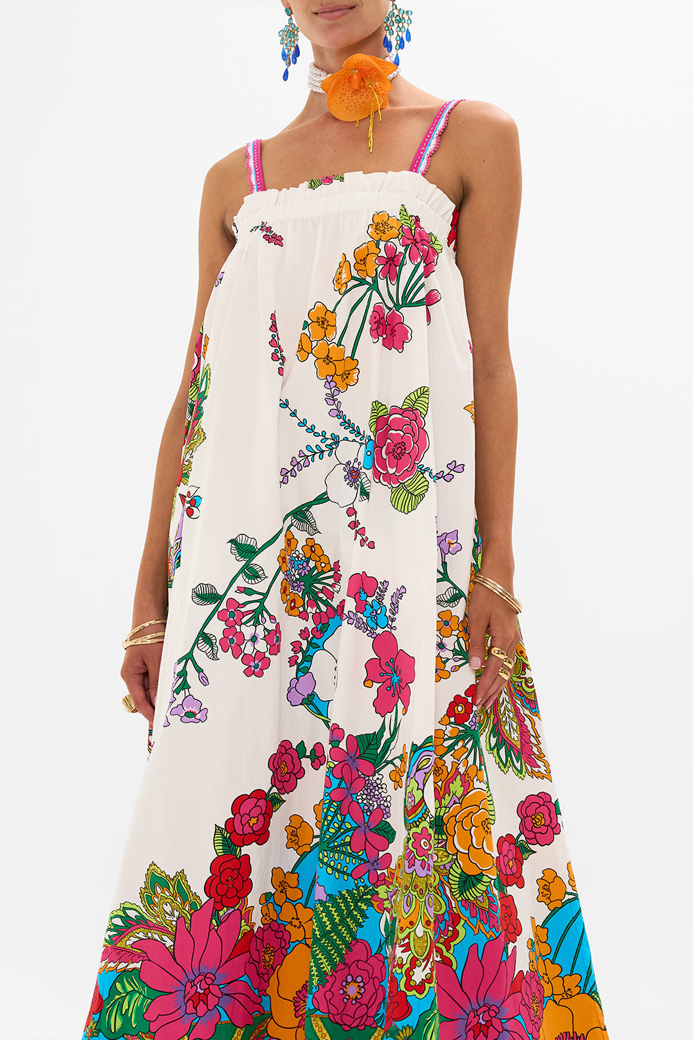 CAMILLA retro floral wide strap sun dress in Cosmic Prairie print