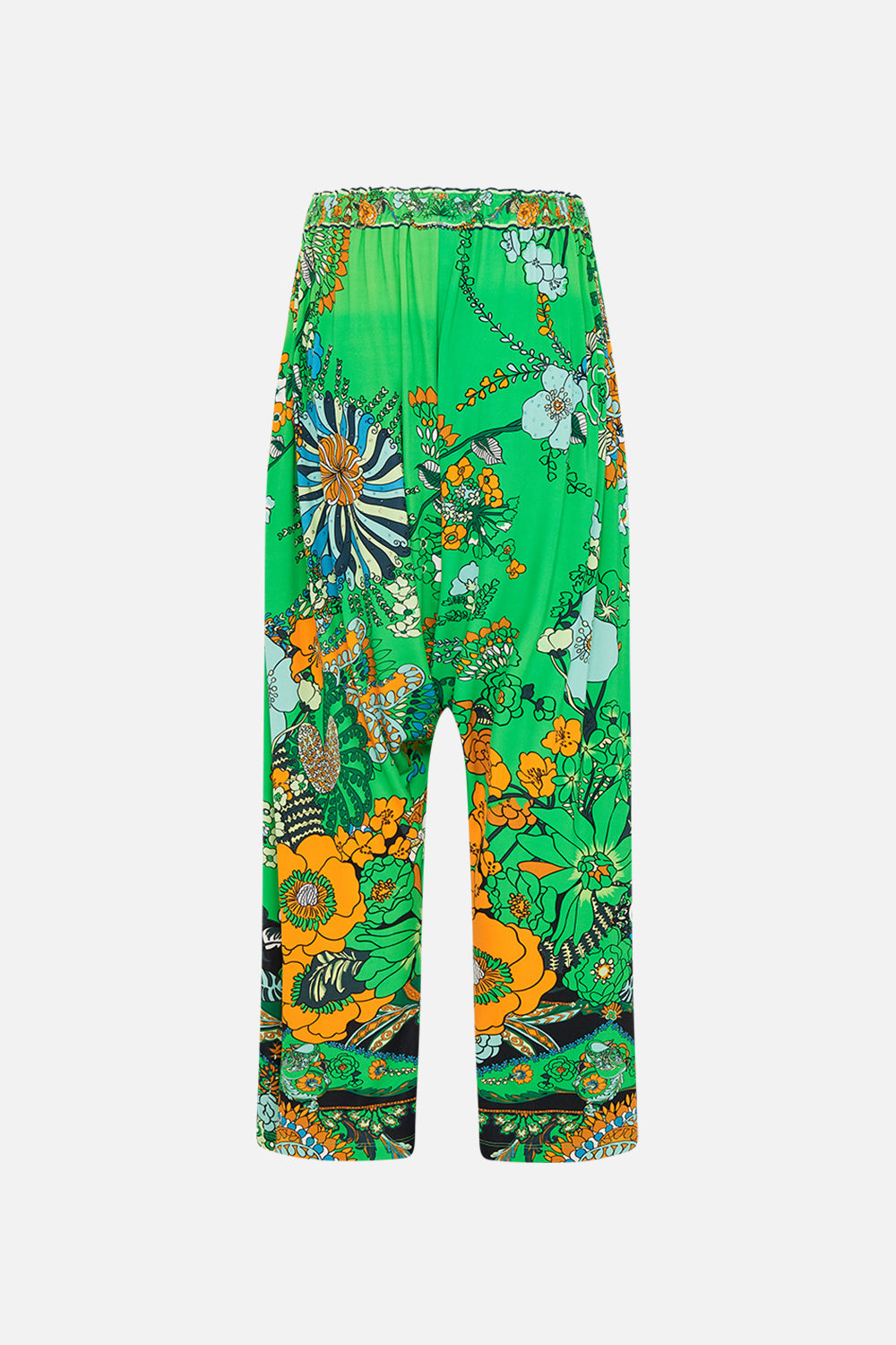 CAMILLA green draped jersey pant in Good Vibes Generation print.