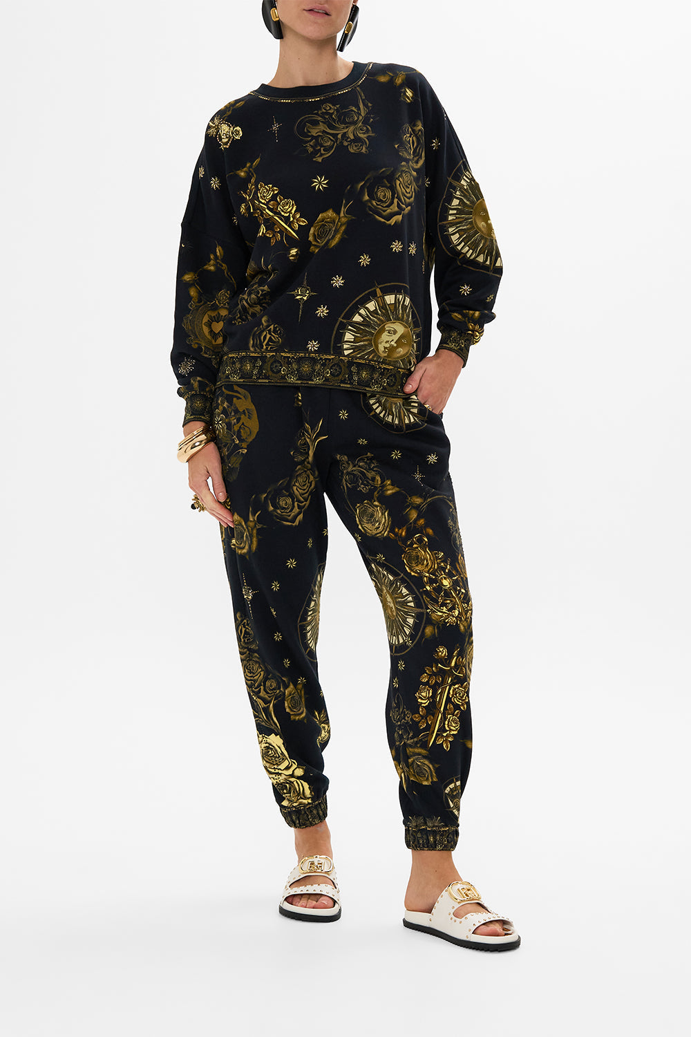 CAMILLA black dropped shoulder sweat shirt in So Says The Oracle print.