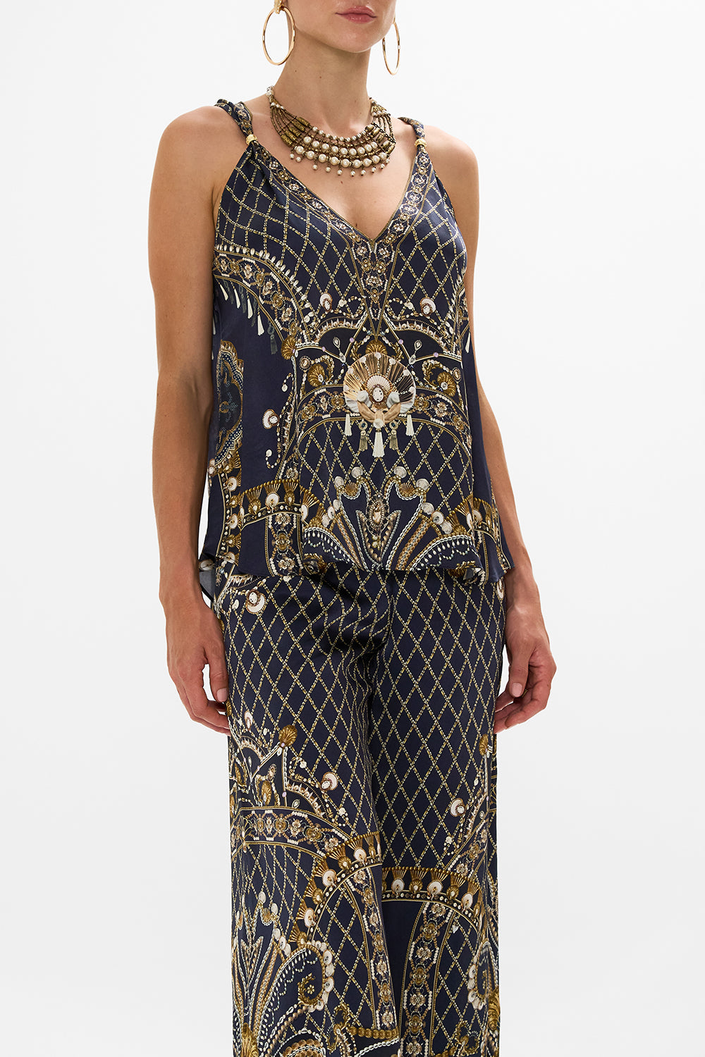 CAMILLA Gold Tank Top with Strap Bead Detail in Dance with the Duke print
