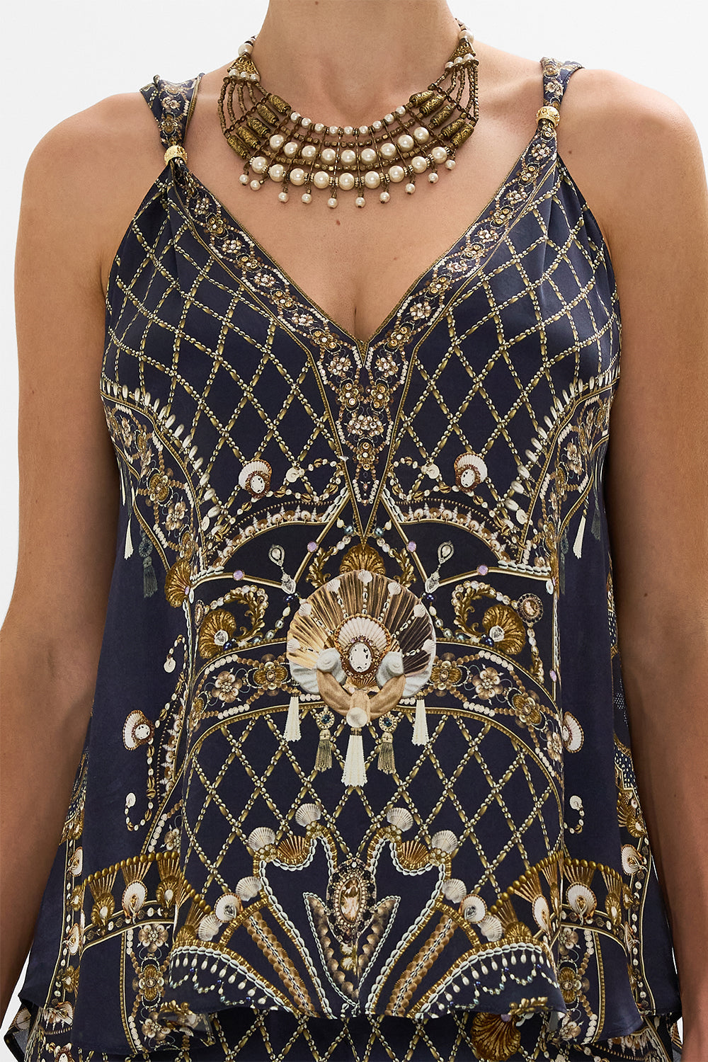 CAMILLA Gold Tank Top with Strap Bead Detail in Dance with the Duke print