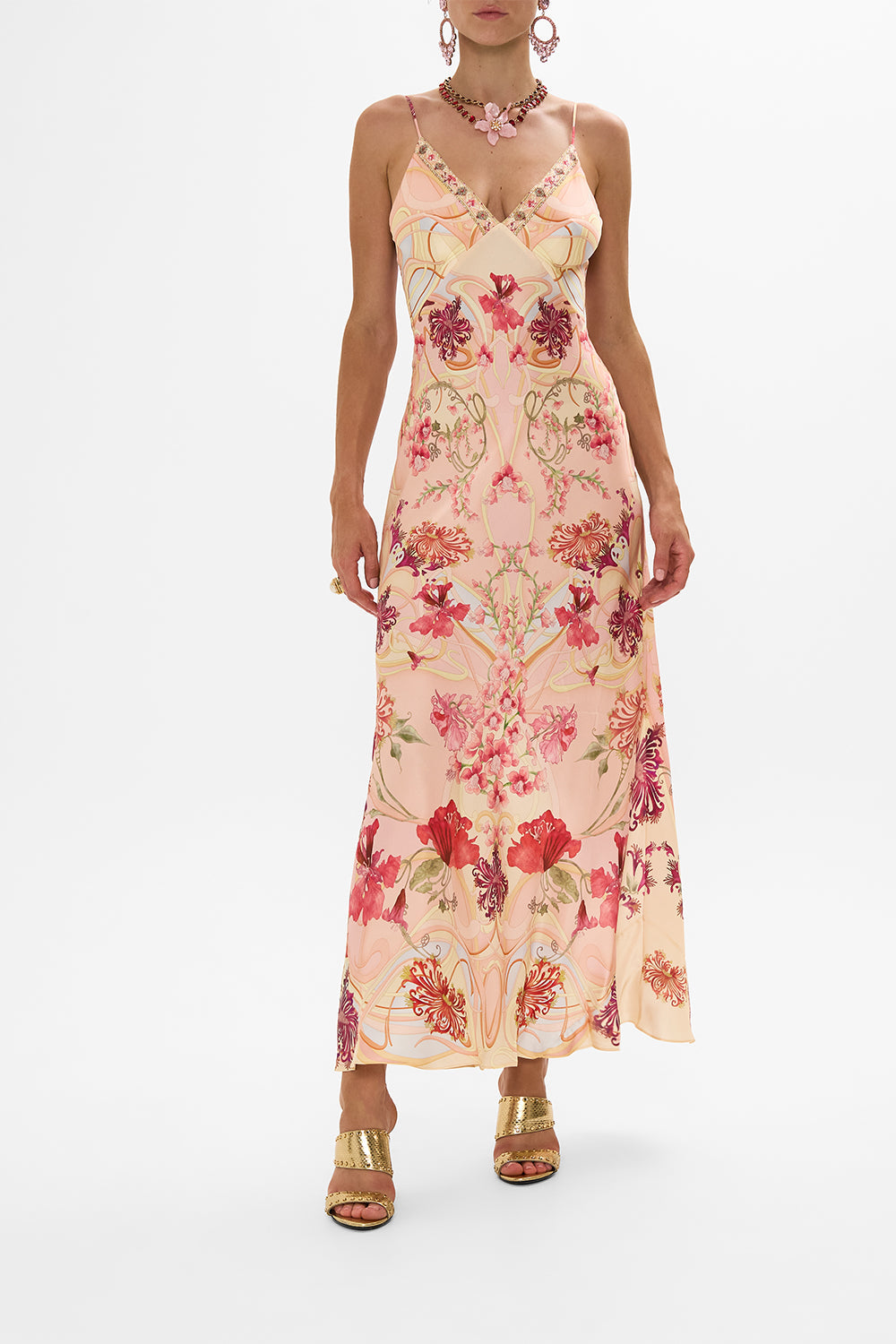 CAMILLA Floral V-Neck Full Length Bias Slip Dress in Blossoms and Brushstrokes